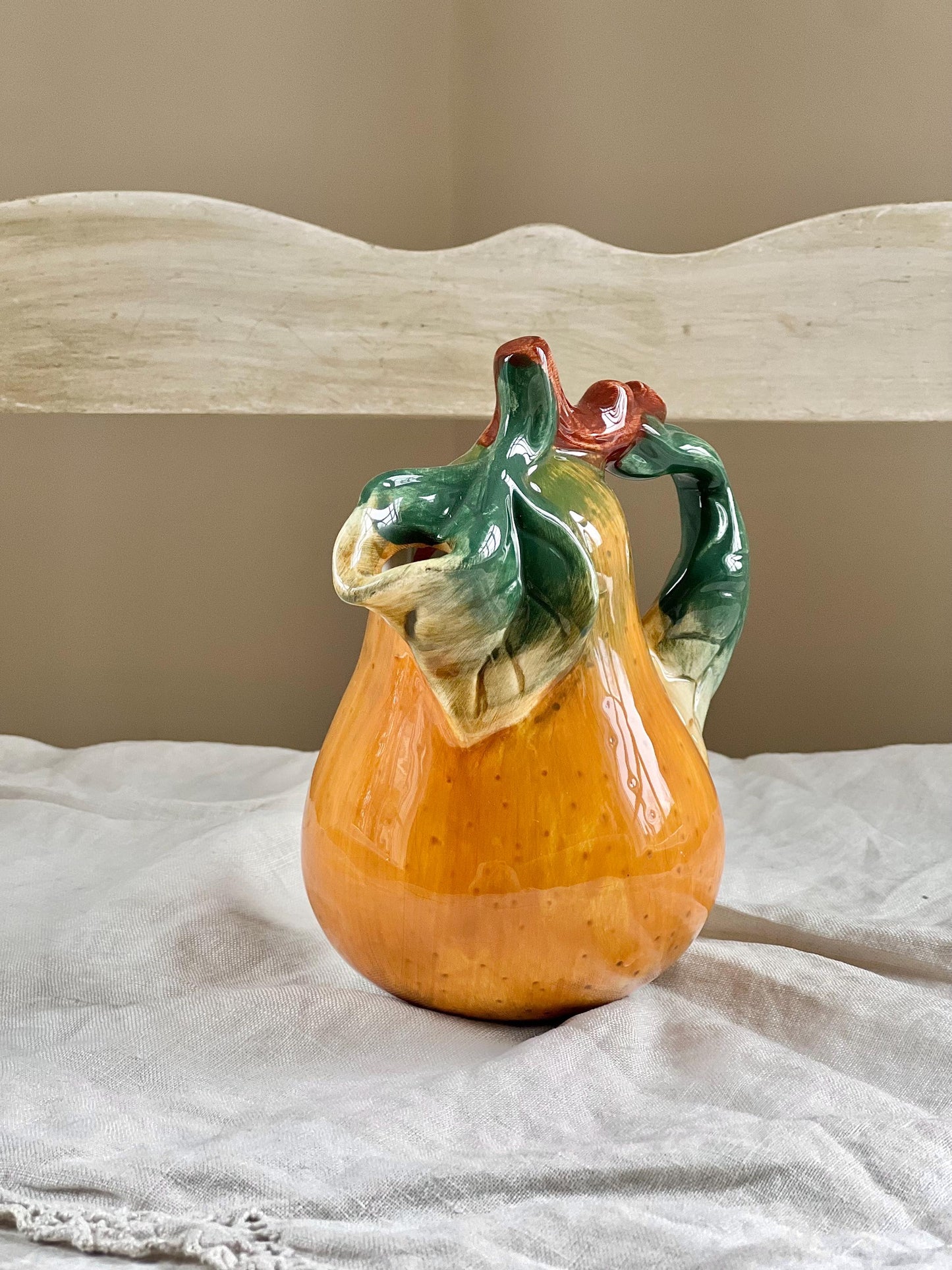 Vintage Cermaic Pear Creamer, Sculptural Fruit, Majolica Style Pear Mini Pitcher or Vase, 5.25" tall