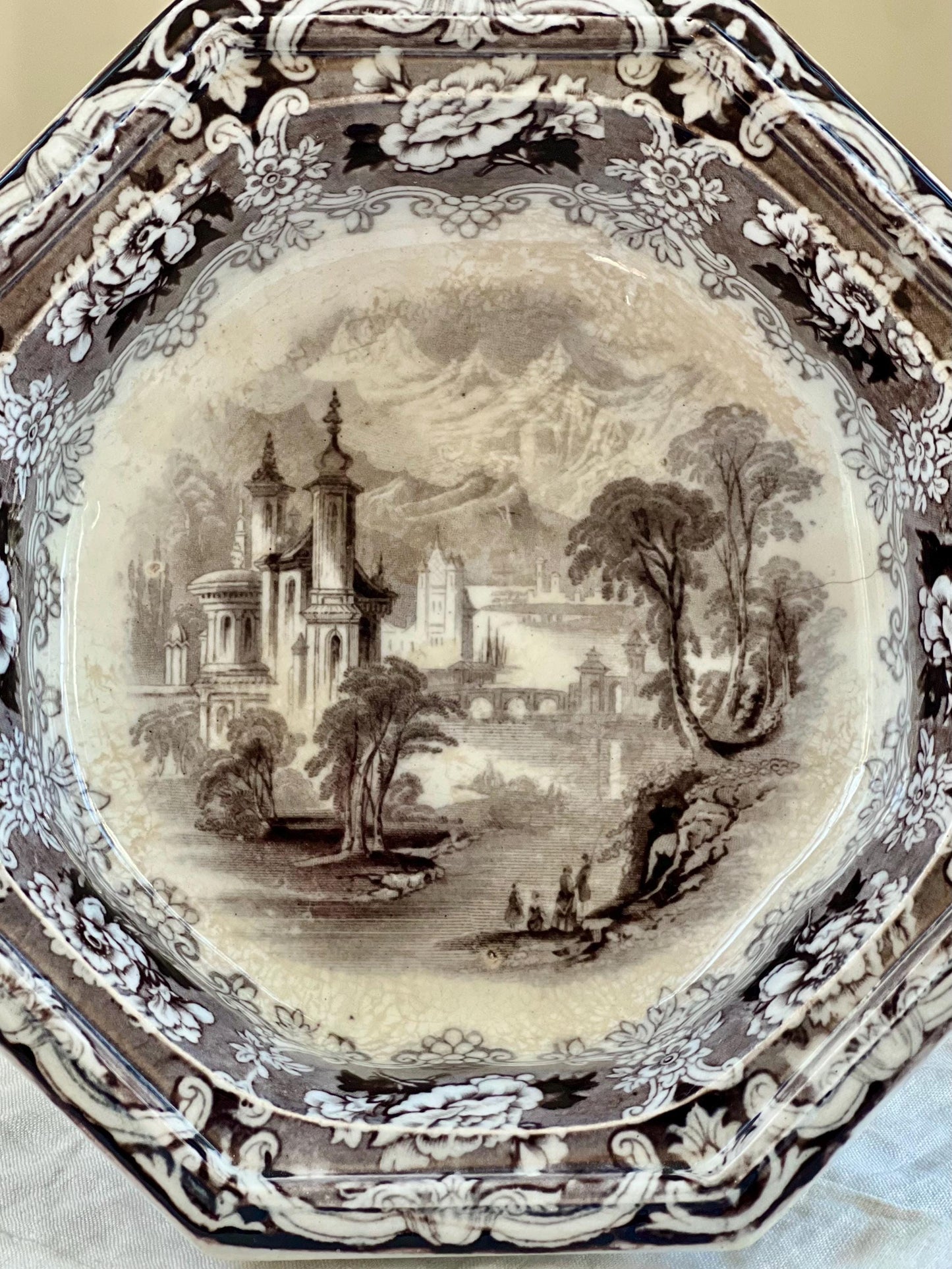 Antique J Clementson "Udina" Mulberry Transferware Footed Pedestal Octagonal Bowl, Distressed Ironstone, Mid 19th Century England