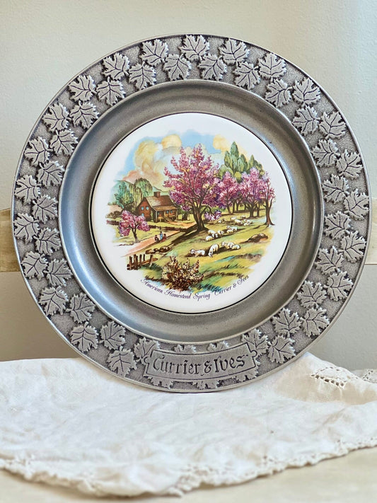 Vintage Currier & Ives Homestead Spring Decorative Pewter Plate