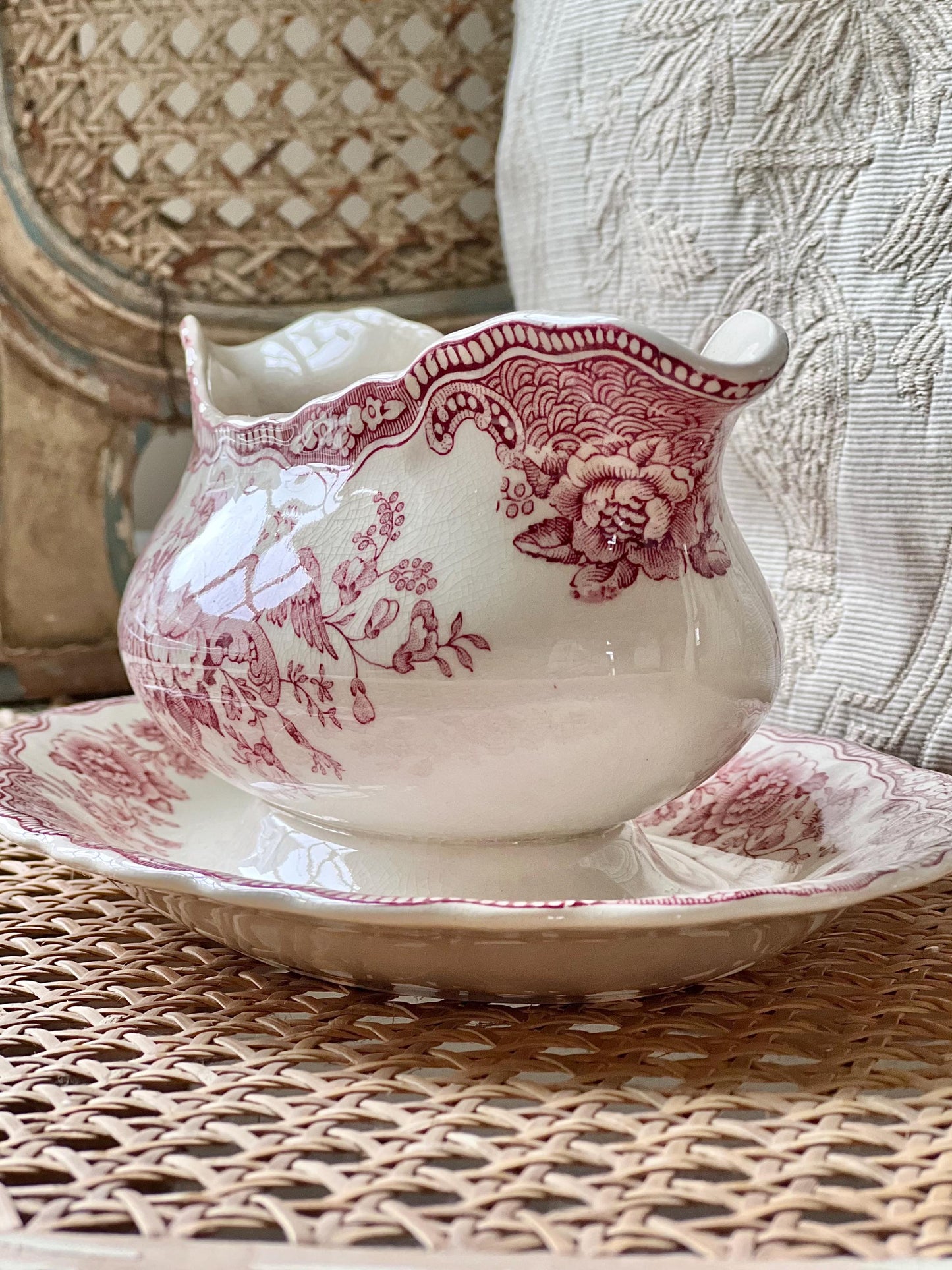 Vintage Crown Ducal Bristol Pink Red Transferware Gravy Boat with Attached Underplate, Distressed Vintage Ironstone Saucier, Made in England