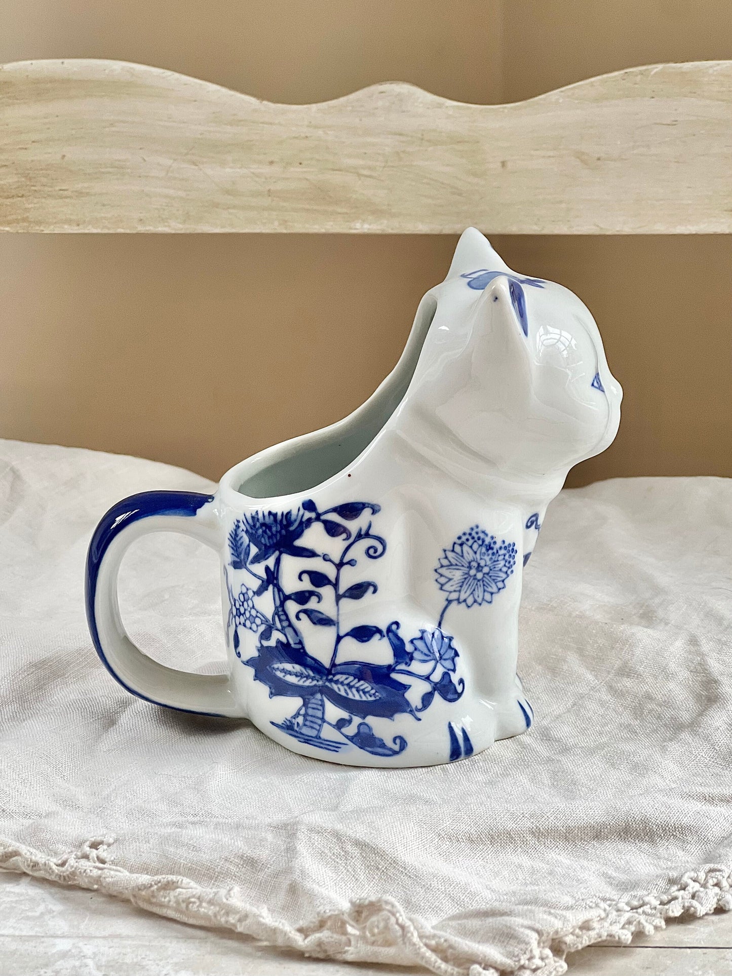 Vintage Blue & White Cat Shaped Porcelain Creamer