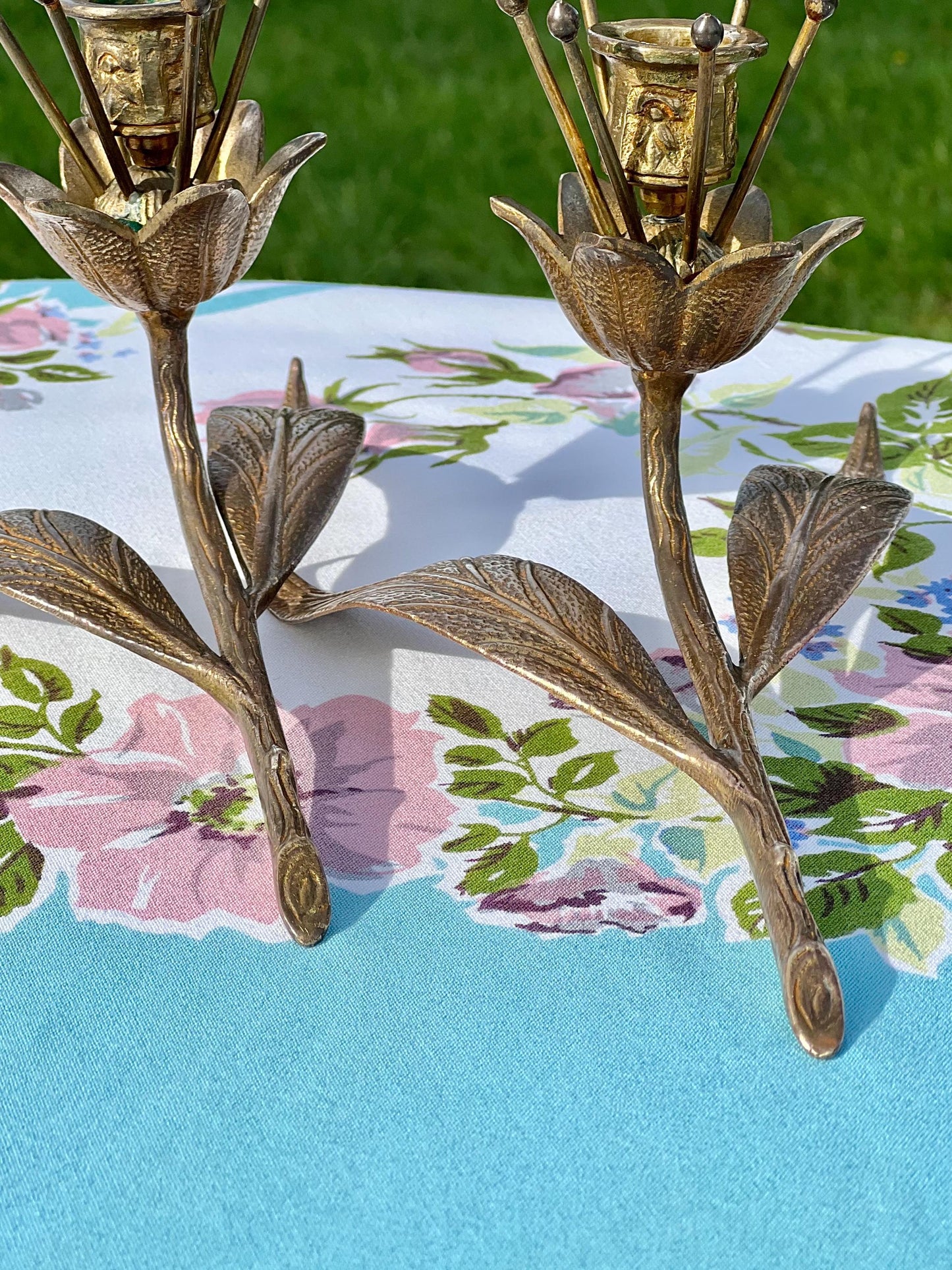 Gorgeous Pair of Vintage Brass Flower Candle Holders, S. Agudo Style Candle Holders