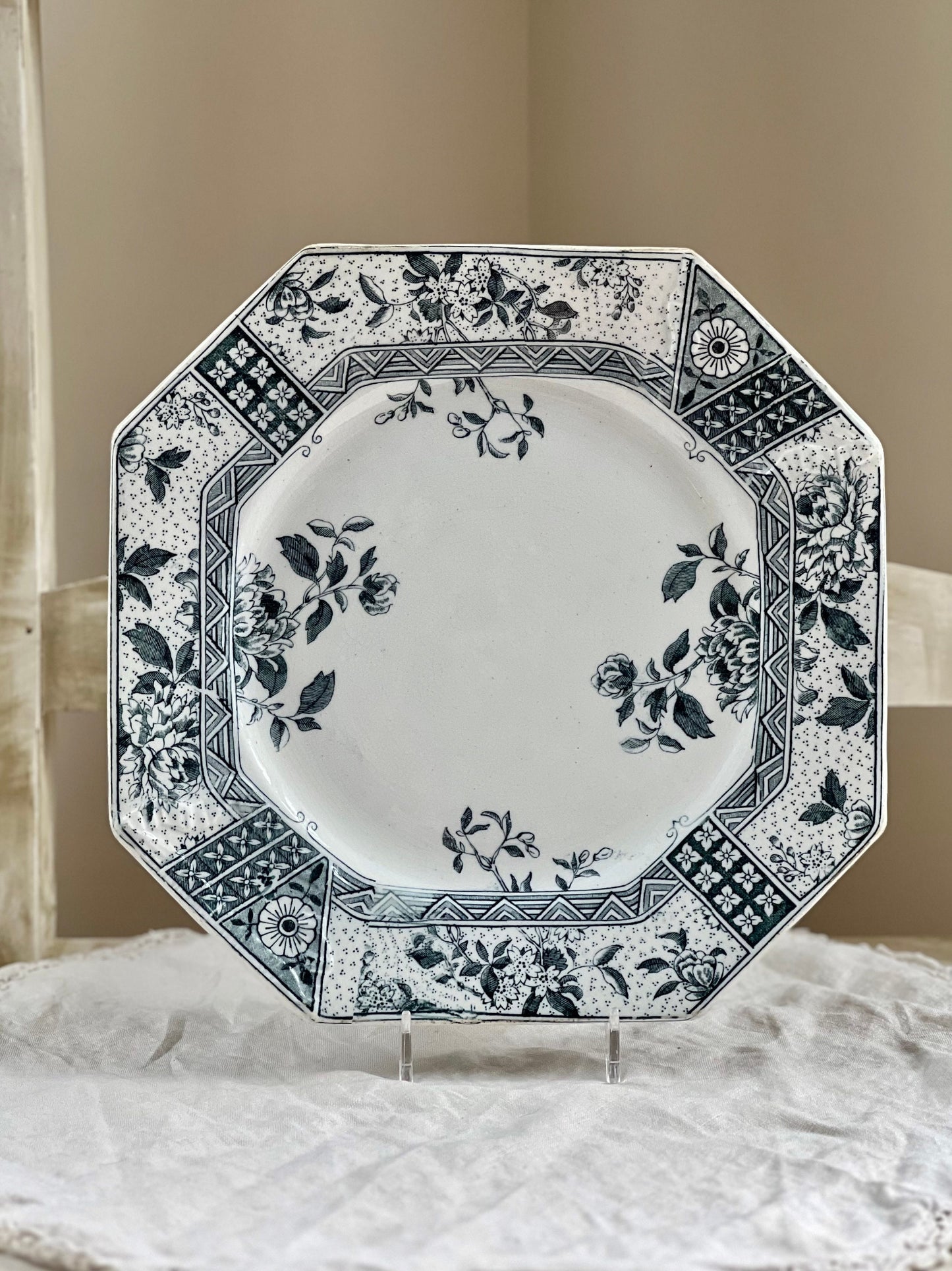 Antique C. Challinor & Co "Melbourne" Blue Gray Transferware Plate, 1800's Octagonal Shaped Aesthetic Movement Transferware Dish, England