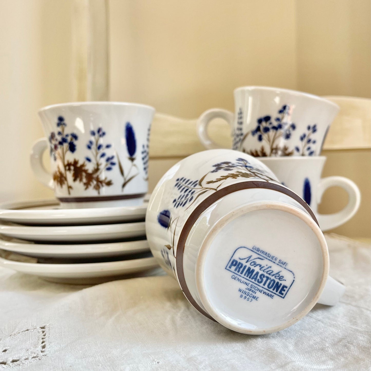 Set of 4, Vintage Winsome by Noritake Primastone, Flat Cup and Saucers, Vintage Stoneware Coffee Mugs, Vintage Stoneware Mugs & Saucers
