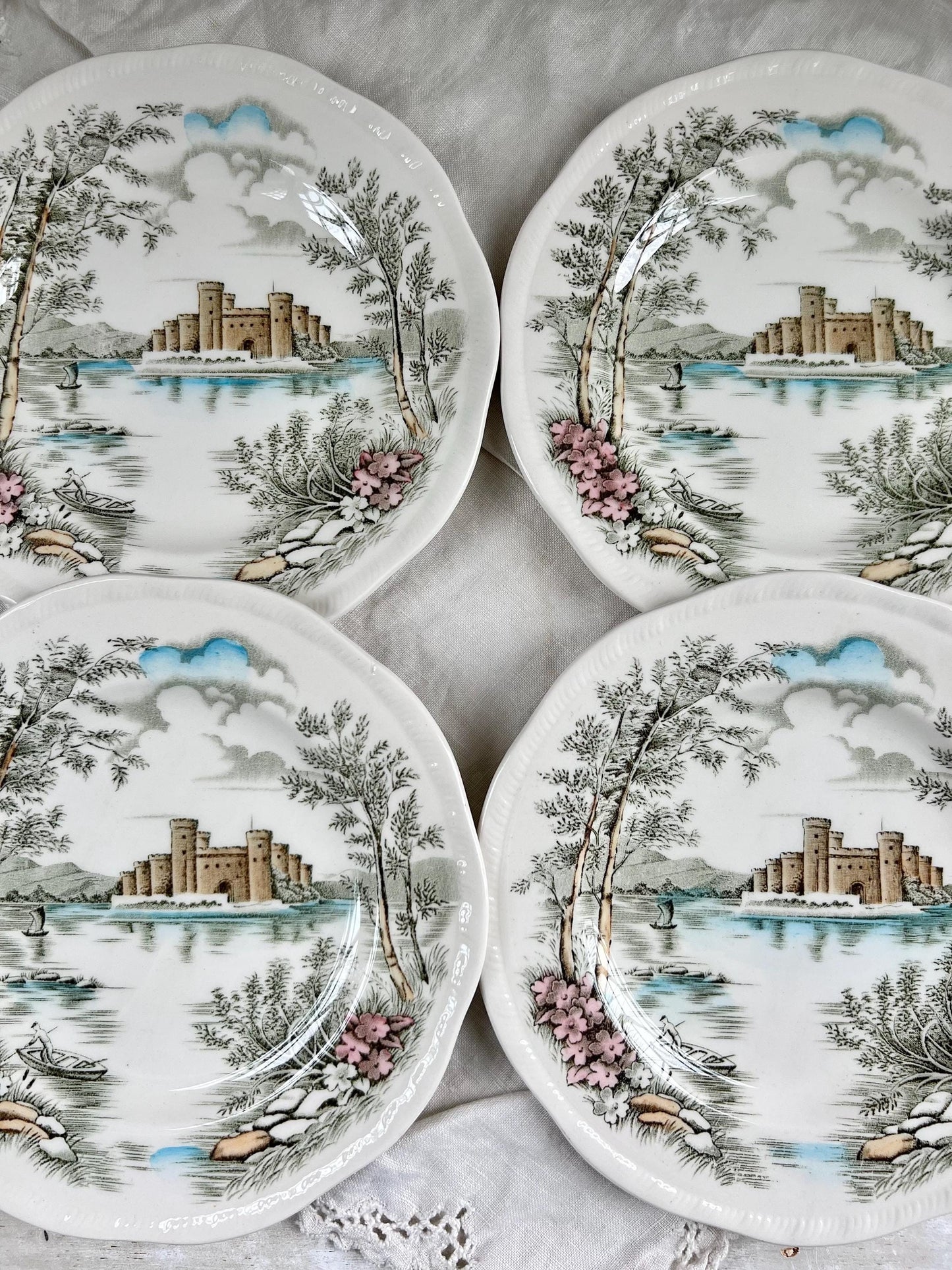 Set (4) Vintage Queen's Castle 6.5" Bread Plates by Alfred Meakin, England, Ironstone Transferware Dishes