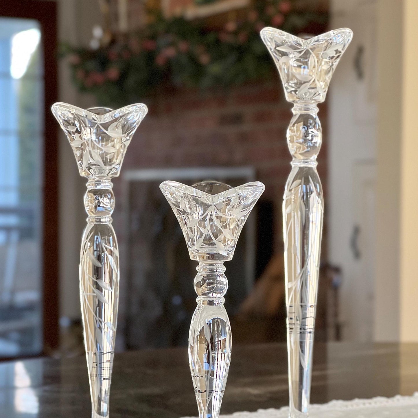 Set of 3, Lenox Opal Innocence Handcut Crystal Candlesticks