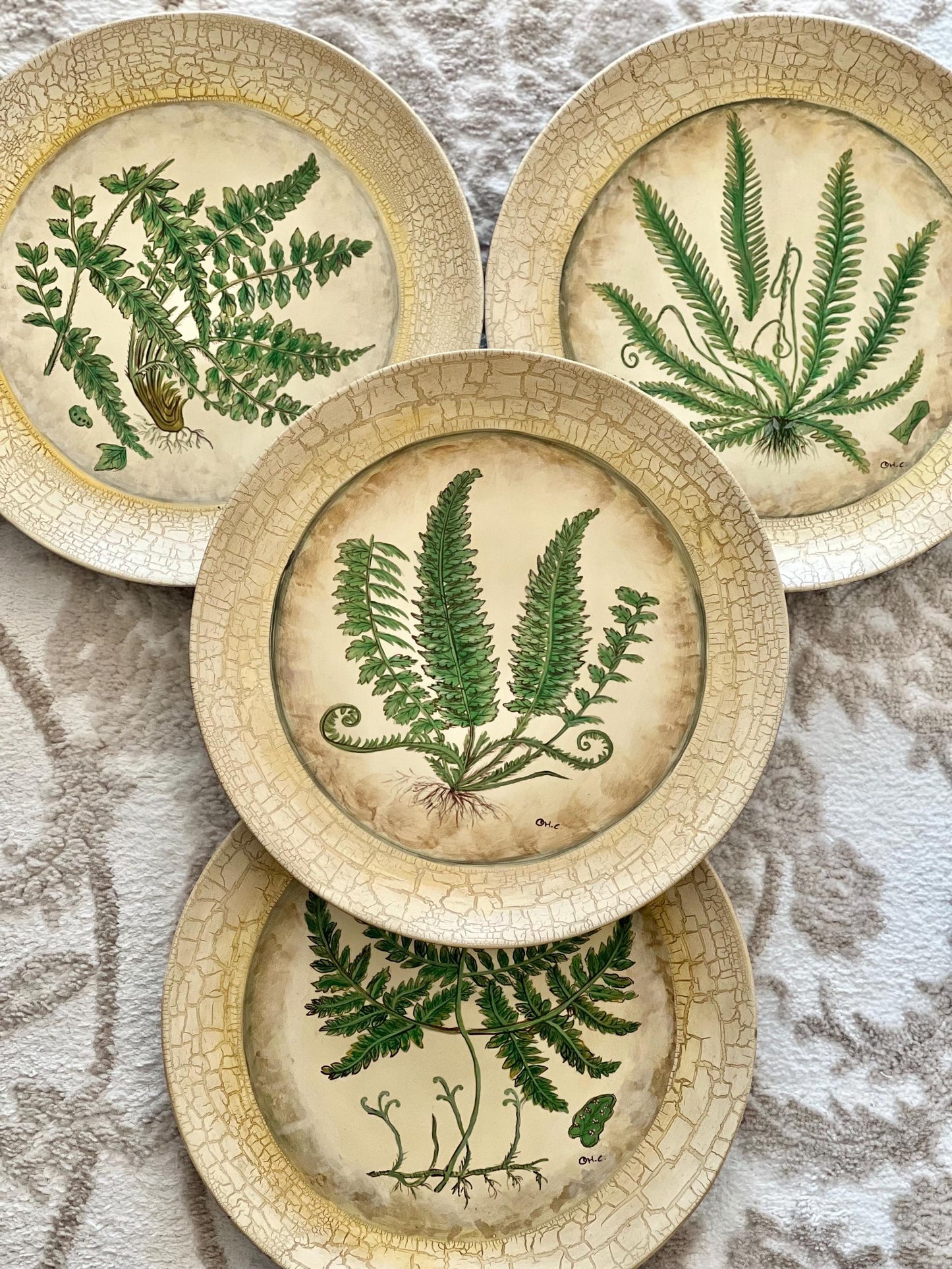 Set (4) Designer Hand Painted Fern Plates by Tam San Designs, Cornelius, NC, Artist Signed 10" Decorative Plates