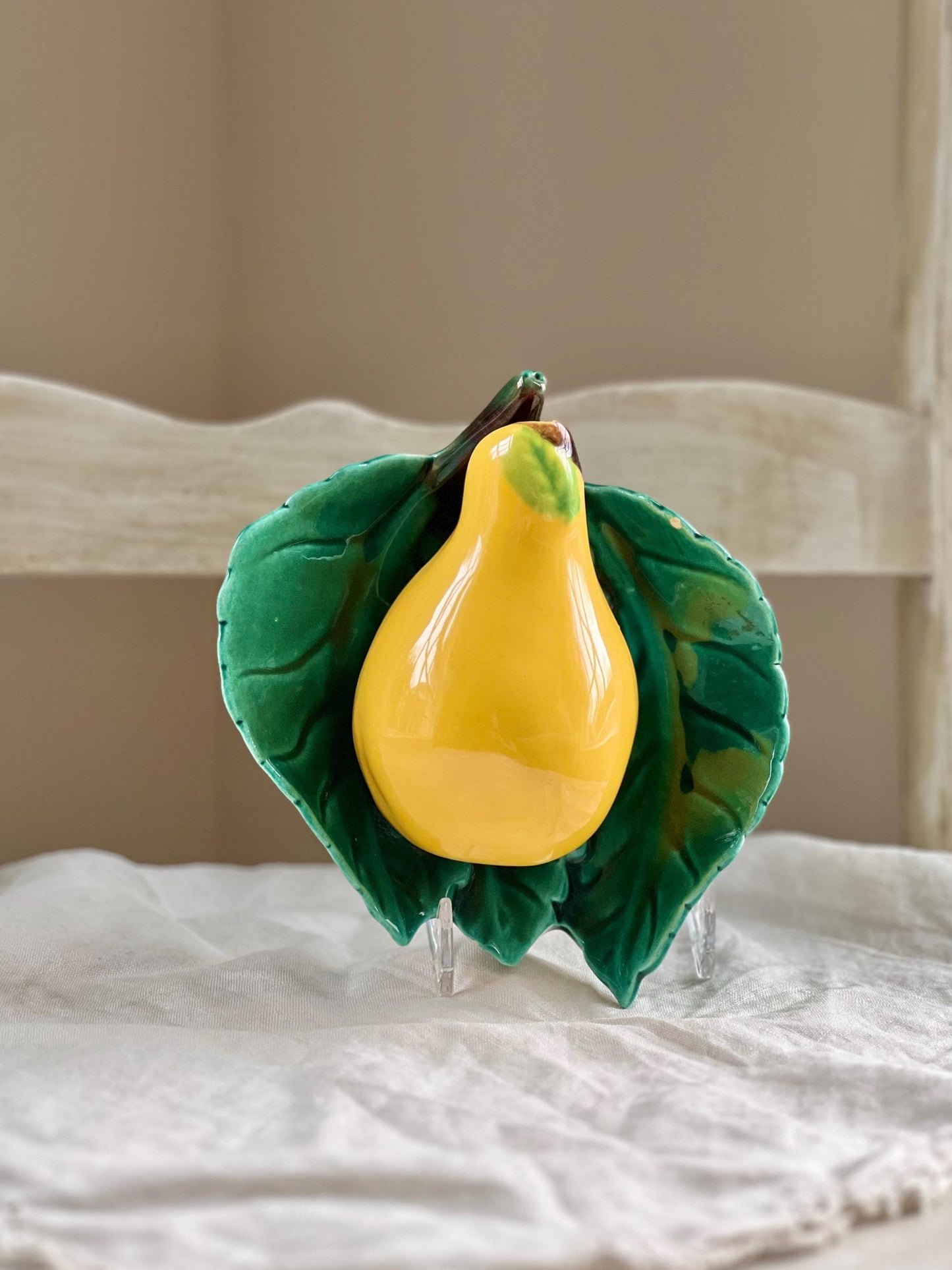 Vintage Ceramic Pear and Leaf Wall Pocket, Sculptural Pear Shaped Wall Vase, 6" tall