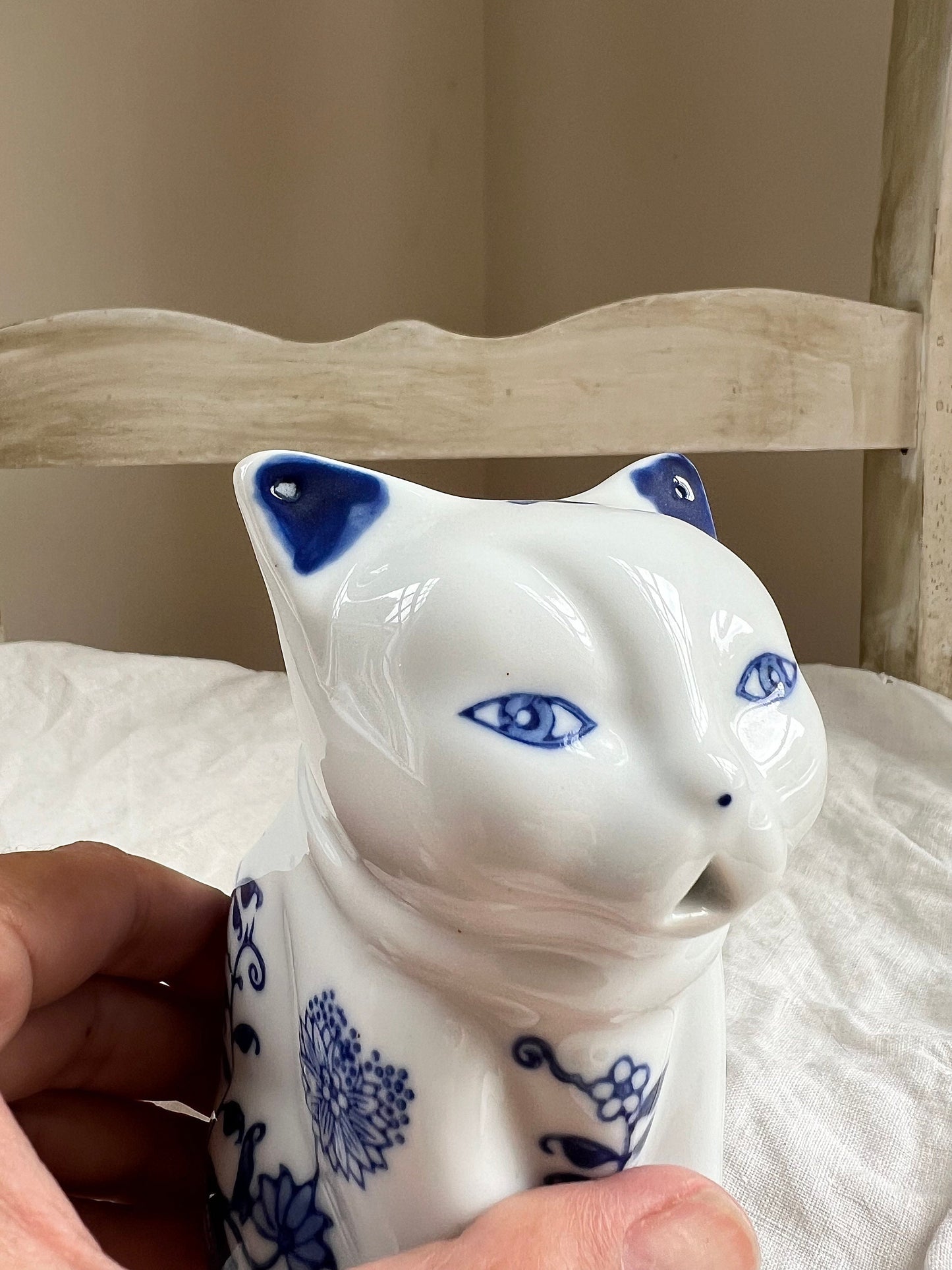 Vintage Blue & White Cat Shaped Porcelain Creamer