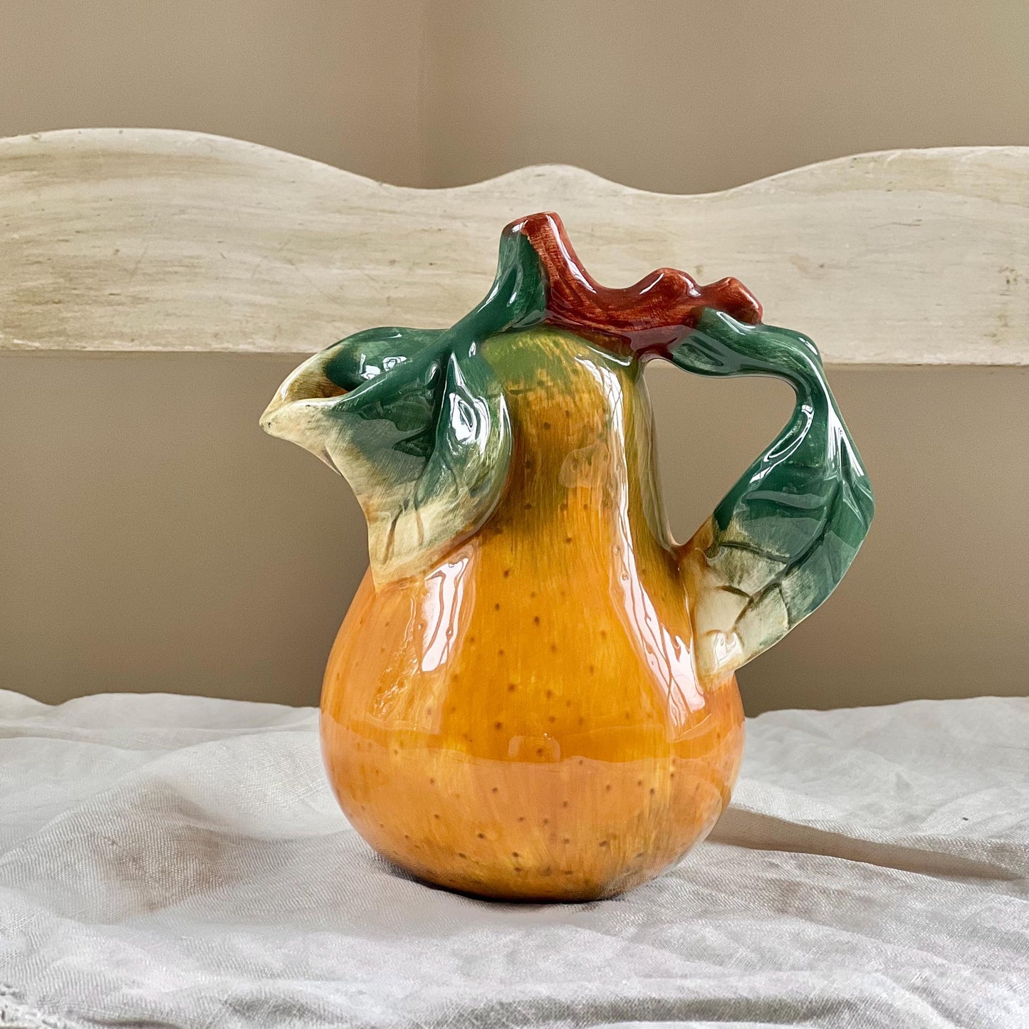 Vintage Cermaic Pear Creamer, Sculptural Fruit, Majolica Style Pear Mini Pitcher or Vase, 5.25" tall