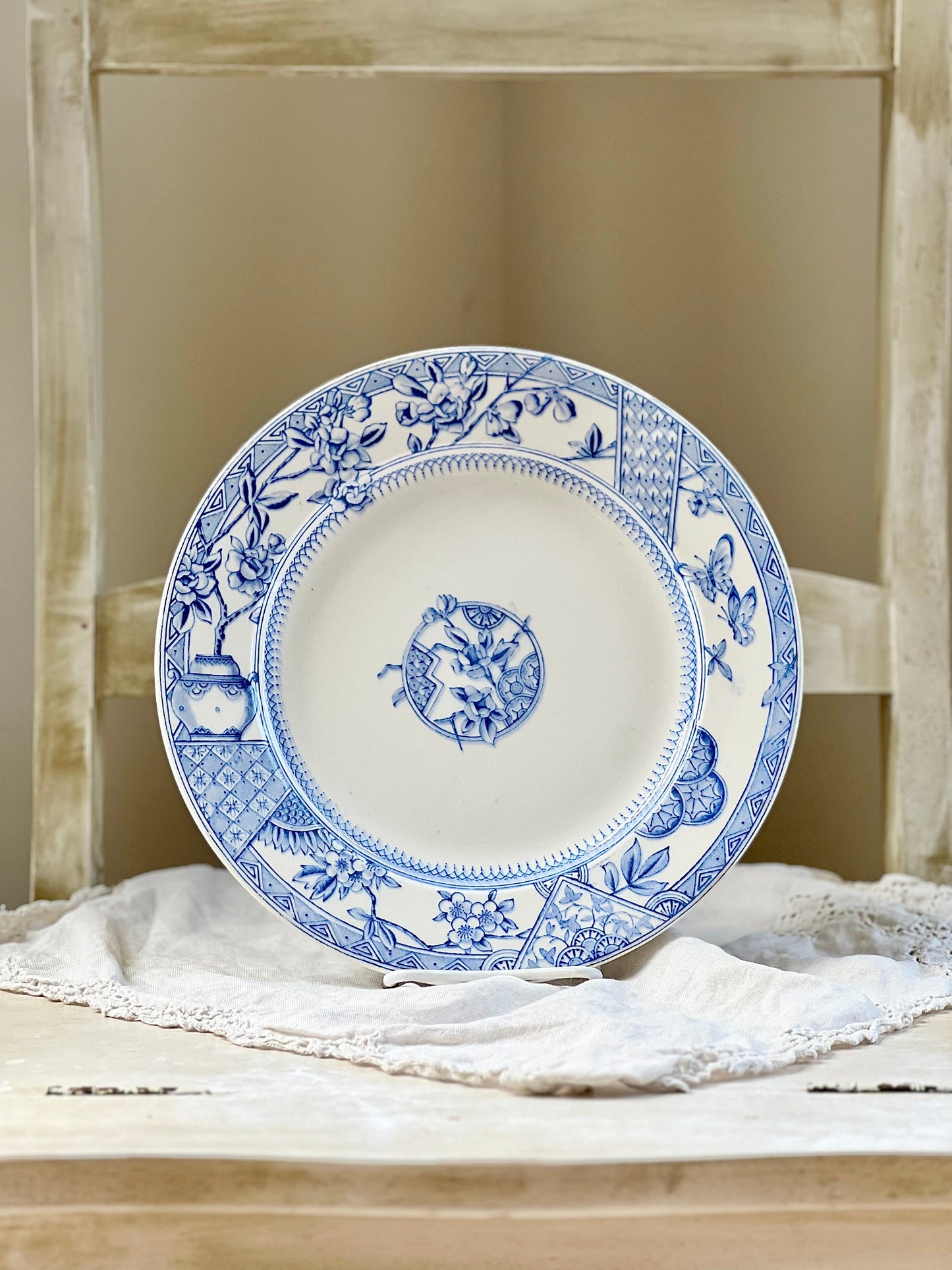 Antique Aesthetic Movement Blue Transferware Plate by K & Co. "Victoria" Pattern, Keeling and Co, England