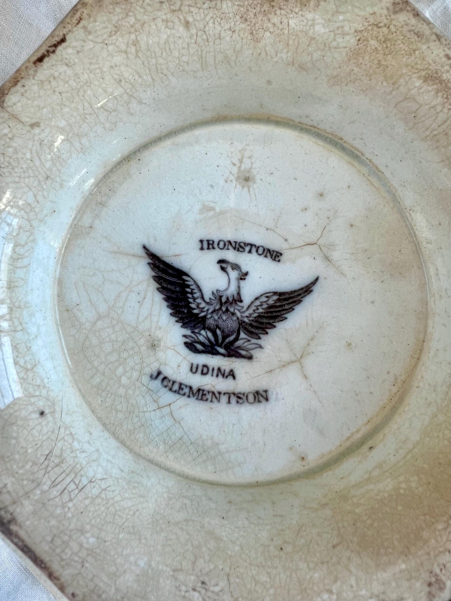 Antique J Clementson "Udina" Mulberry Transferware Footed Pedestal Octagonal Bowl, Distressed Ironstone, Mid 19th Century England