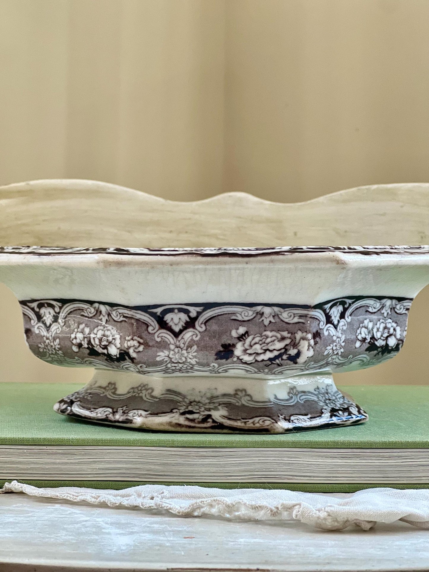 Antique J Clementson "Udina" Mulberry Transferware Footed Pedestal Octagonal Bowl, Distressed Ironstone, Mid 19th Century England