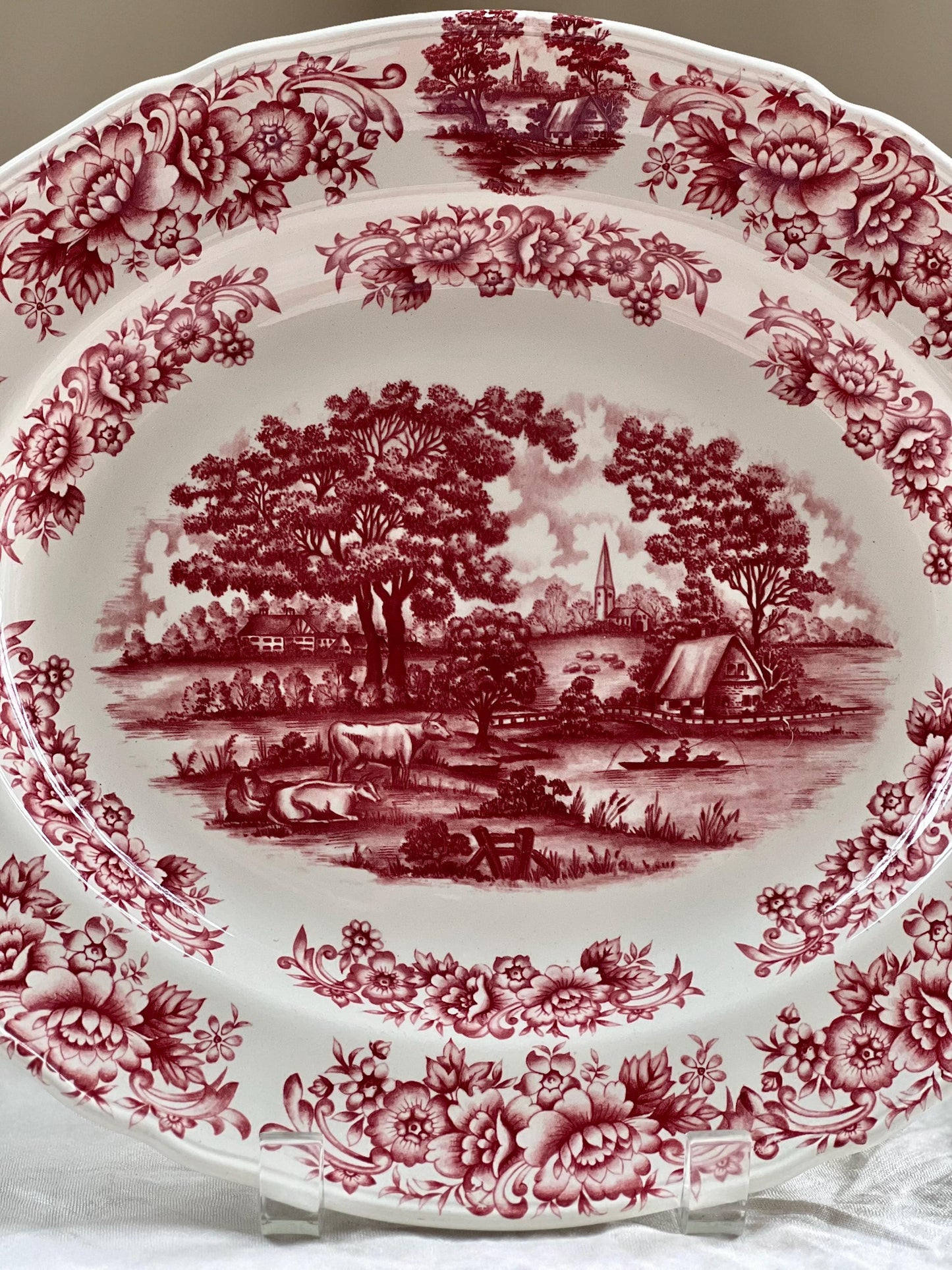 Beautiful Vintage Red Transferware Platter by Myott Meakin, Staffordshire England, Pastotal Scene with Cows, Ironstone Platter, 12 x 10