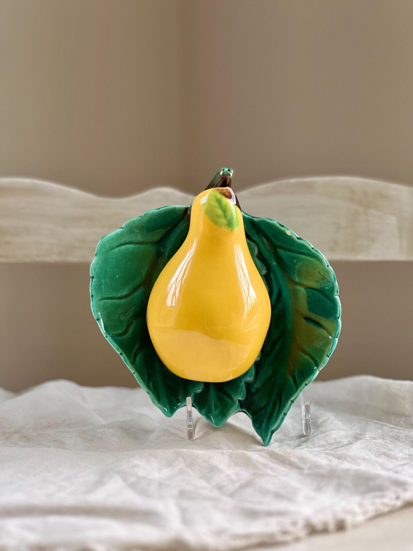 Vintage Ceramic Pear and Leaf Wall Pocket, Sculptural Pear Shaped Wall Vase, 6" tall