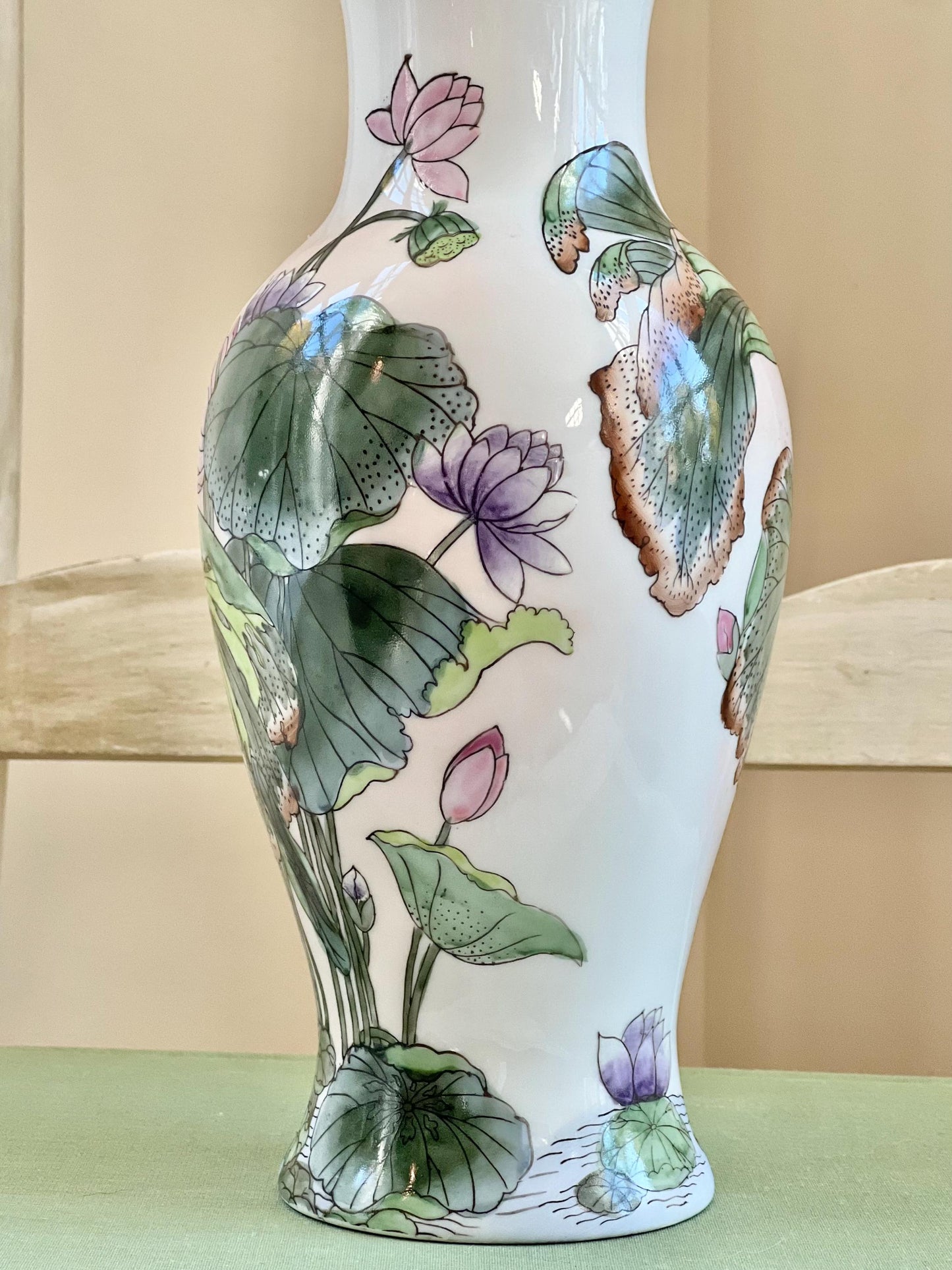 Beautiful Vintage Water Lily Vase, Vintage Toyo Macau Hand Painted Chinese Porcelain Vase with Lily Pads, 10" tall
