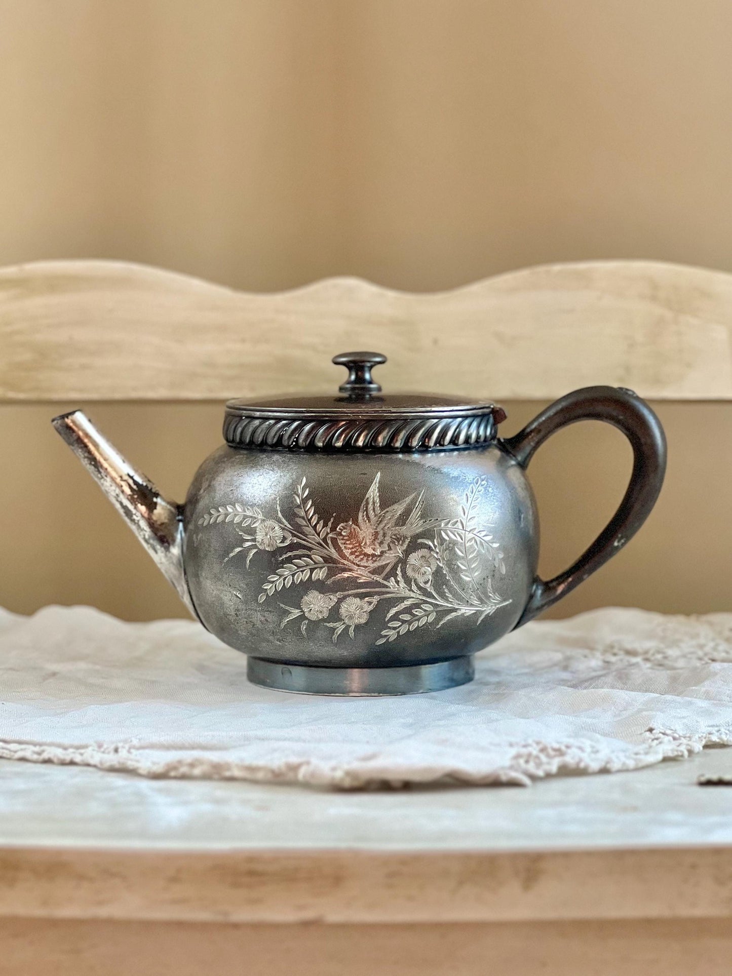 Antique Victorian Silver Plate Teapot by Middletown Plate Co. with Hinged Lid & Beautiful Bird and Foliage Engraving