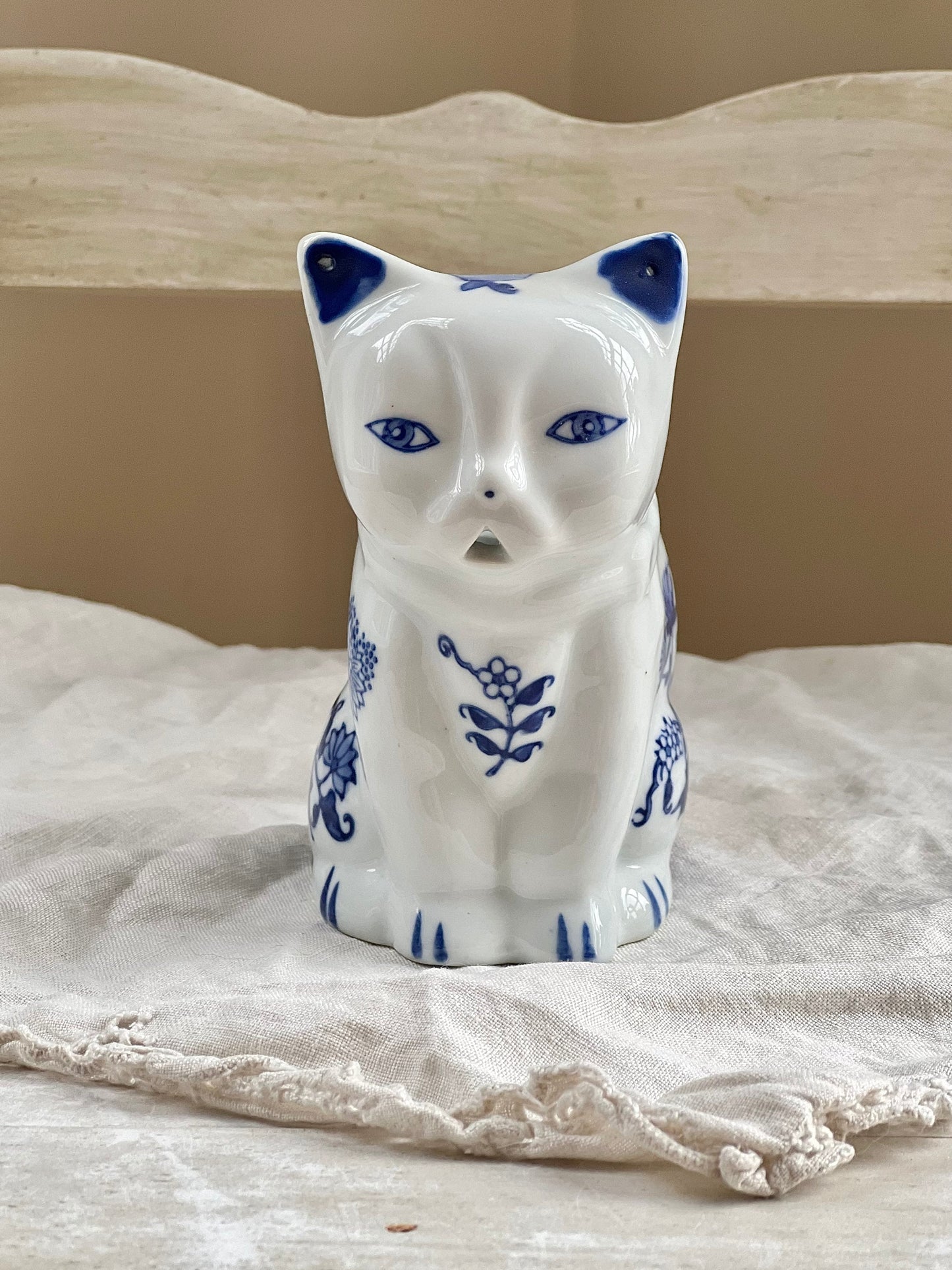 Vintage Blue & White Cat Shaped Porcelain Creamer