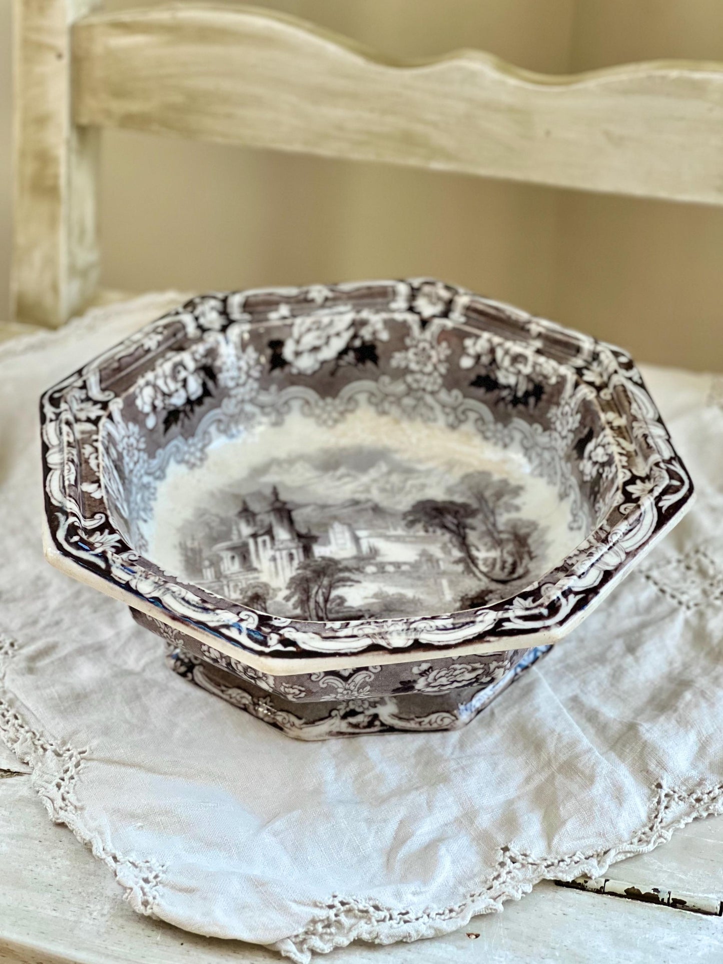 Antique J Clementson "Udina" Mulberry Transferware Footed Pedestal Octagonal Bowl, Distressed Ironstone, Mid 19th Century England