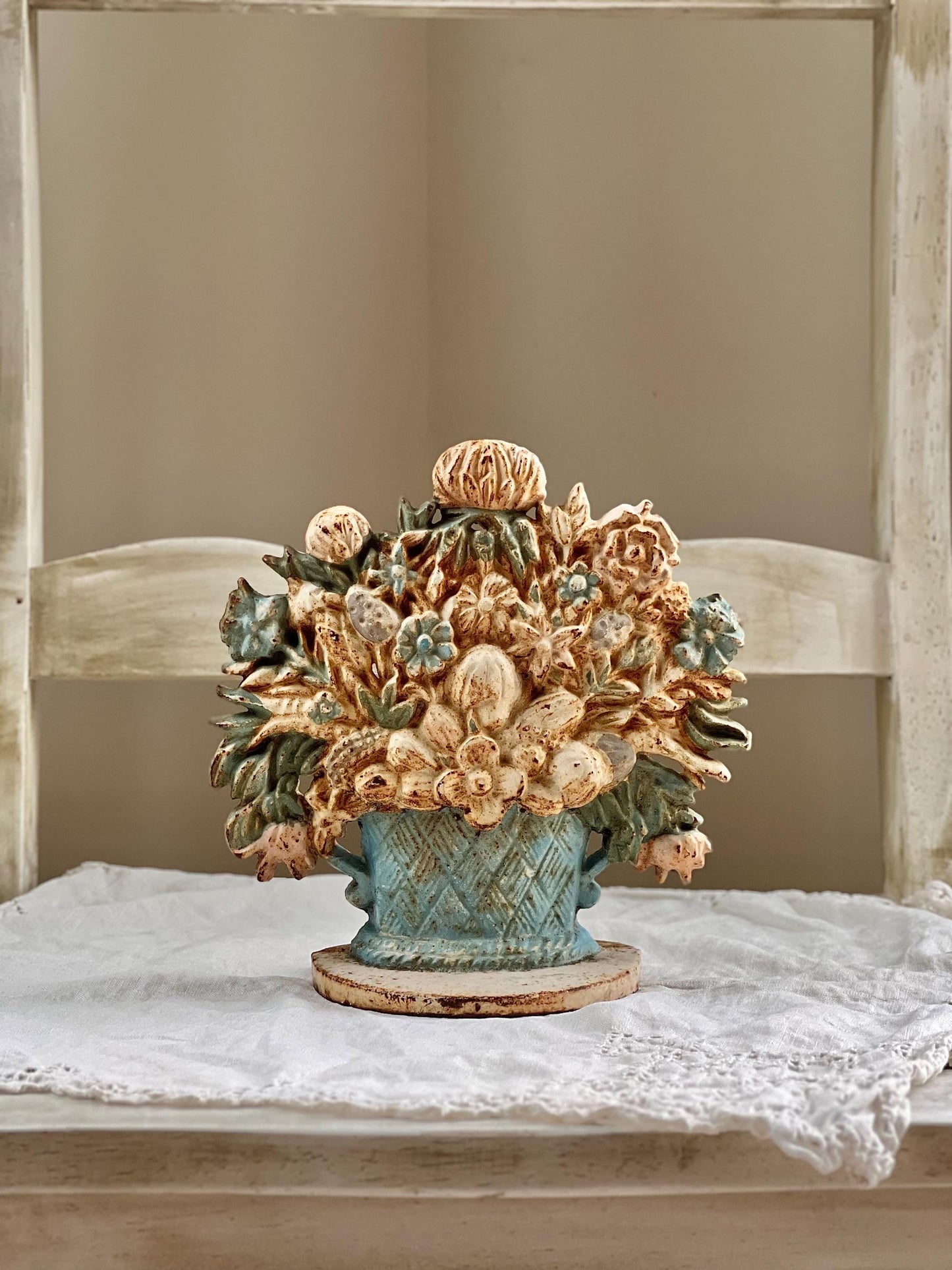 Beautiful Vintage or Antique Cast Iron Flower Bouquet Doorstop with Rustic Patina