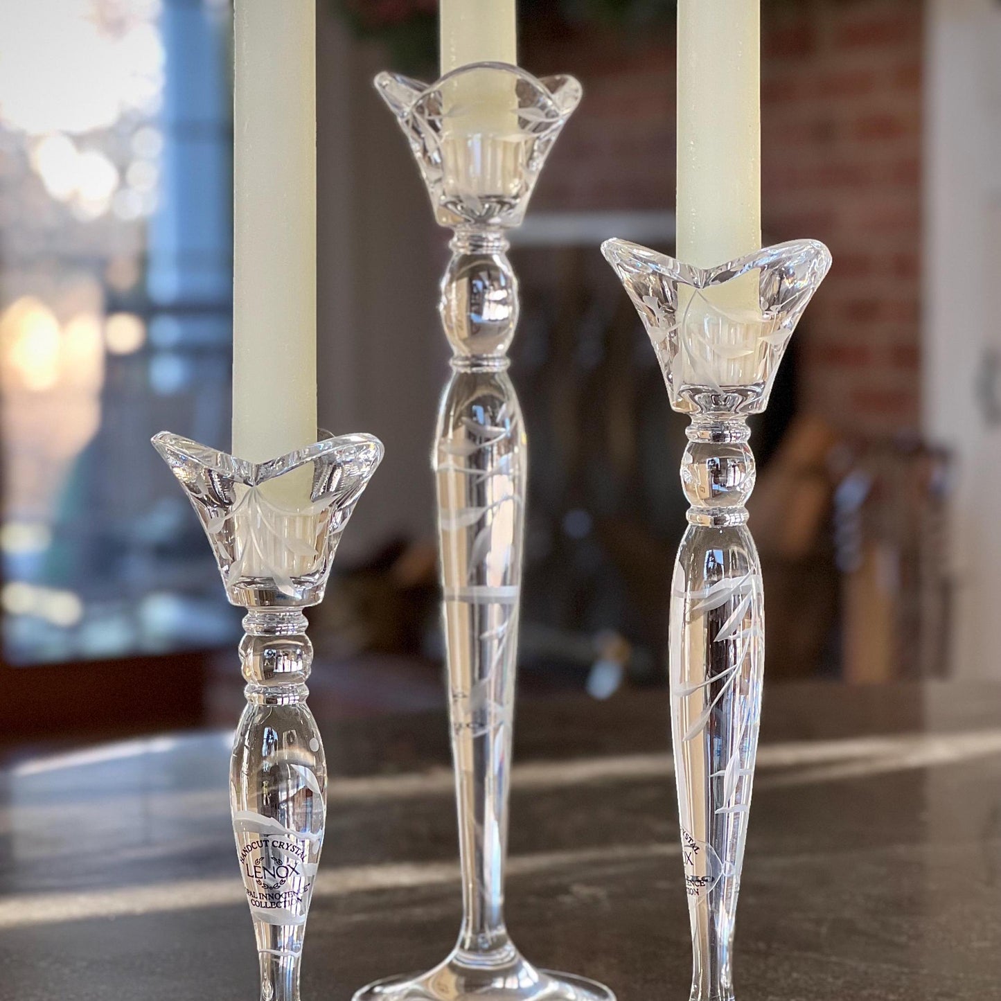 Set of 3, Lenox Opal Innocence Handcut Crystal Candlesticks