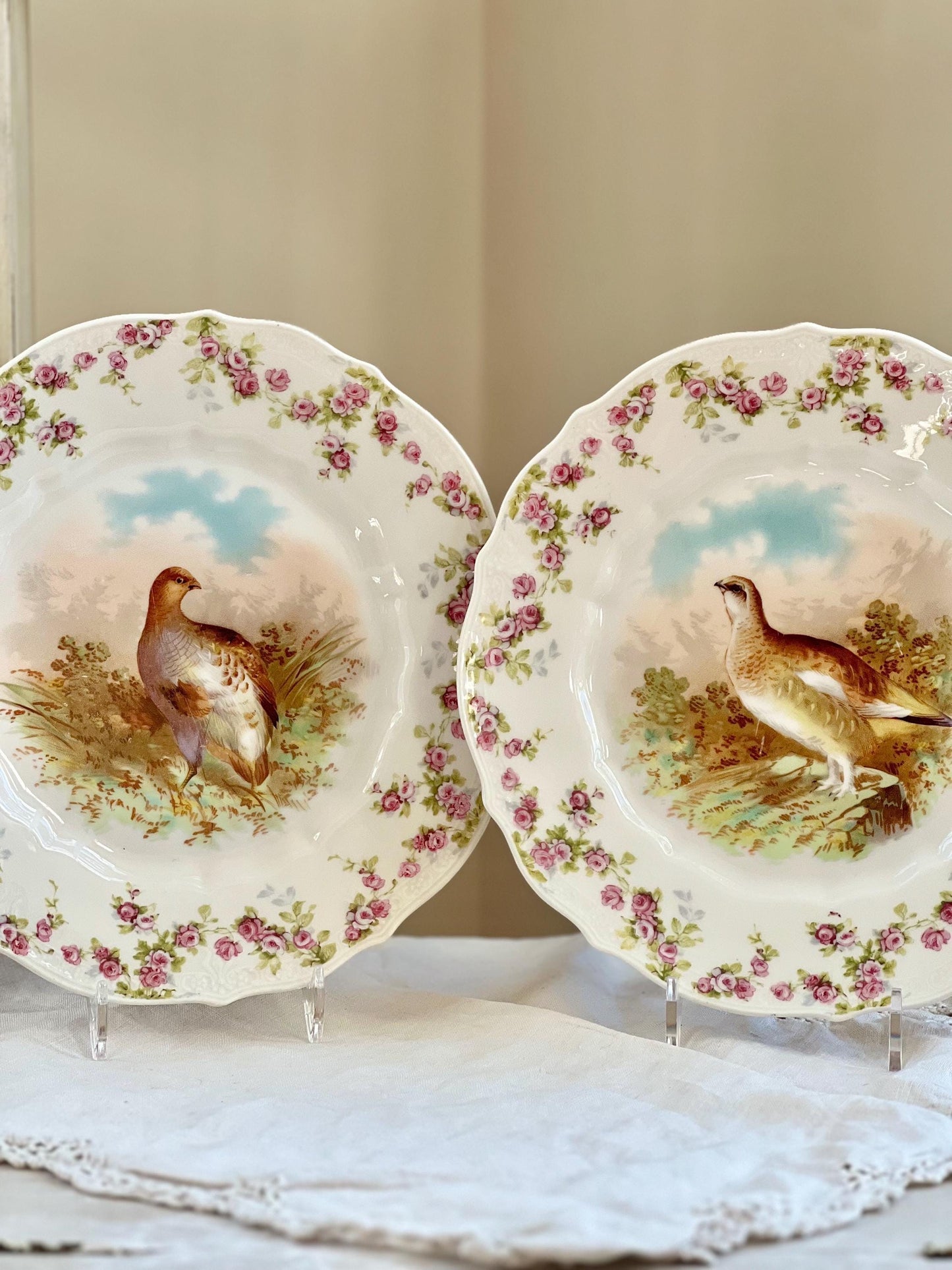 Pair of Antique C. T. Germany Game Bird Decorative Porcelain Plates, 8.25"