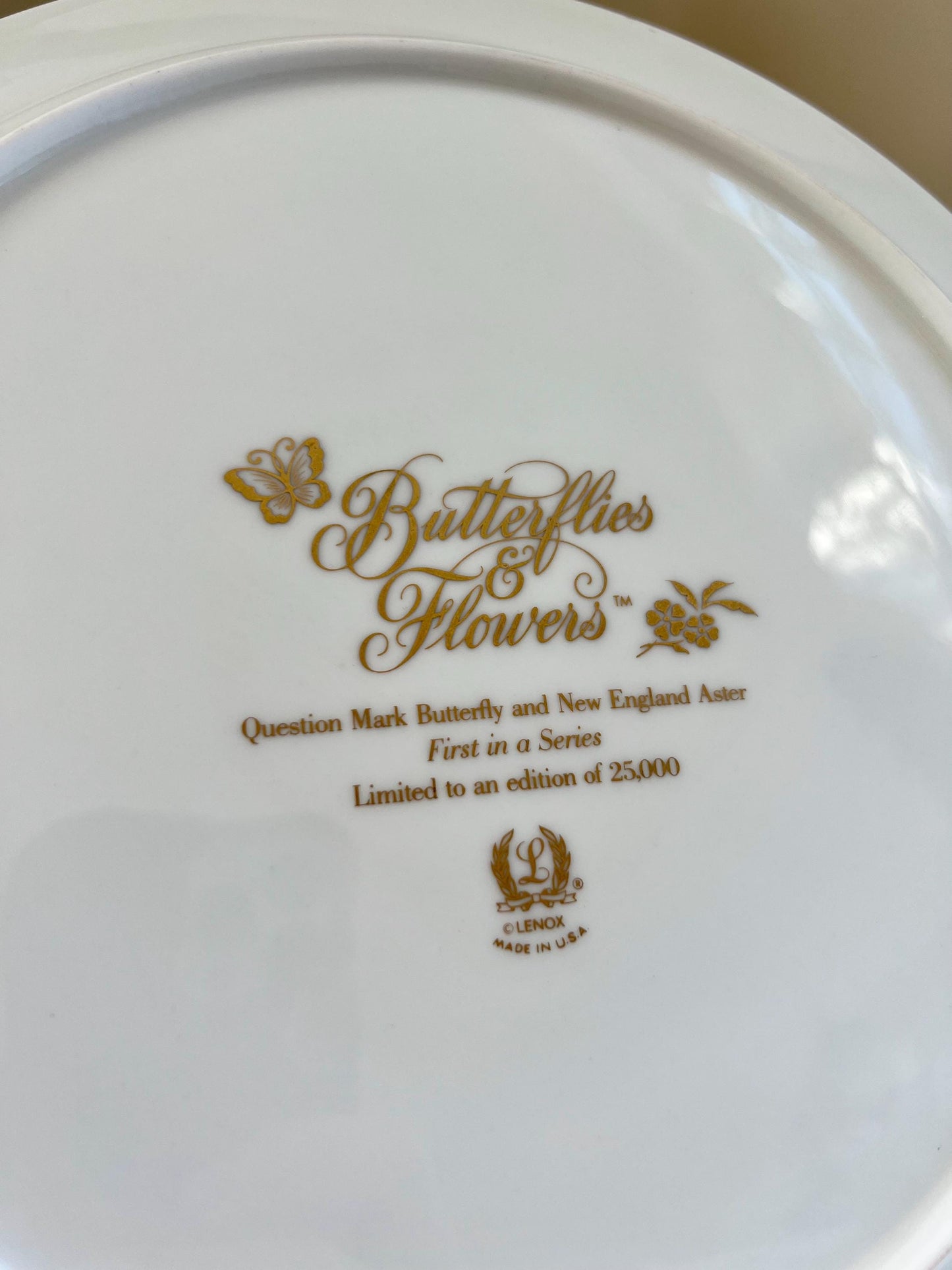 Vintage Lenox Butterflies & Flowers, Question Mark Butterfly and New England Aster Plate, First in a Series, Lenox USA