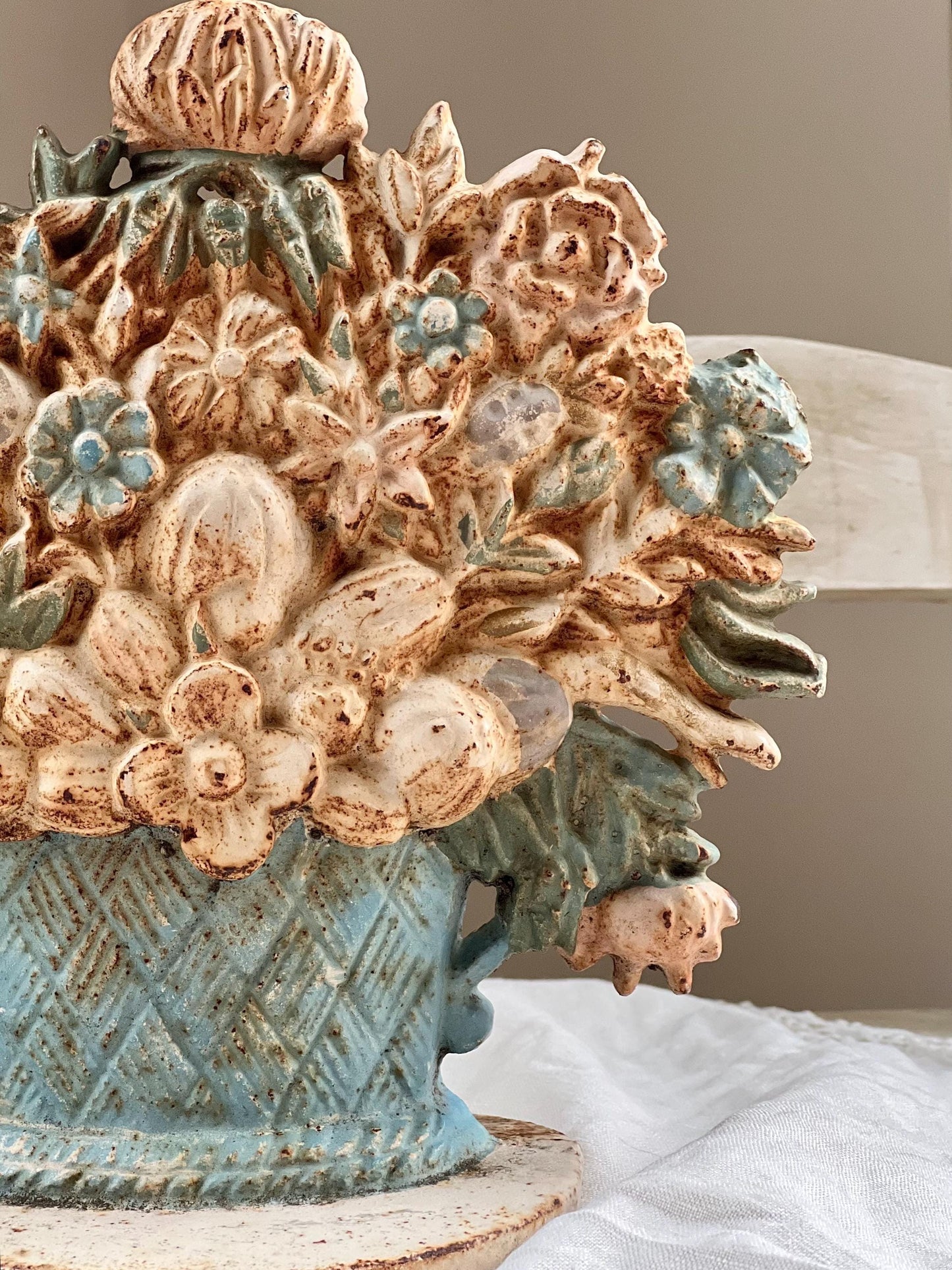Beautiful Vintage or Antique Cast Iron Flower Bouquet Doorstop with Rustic Patina