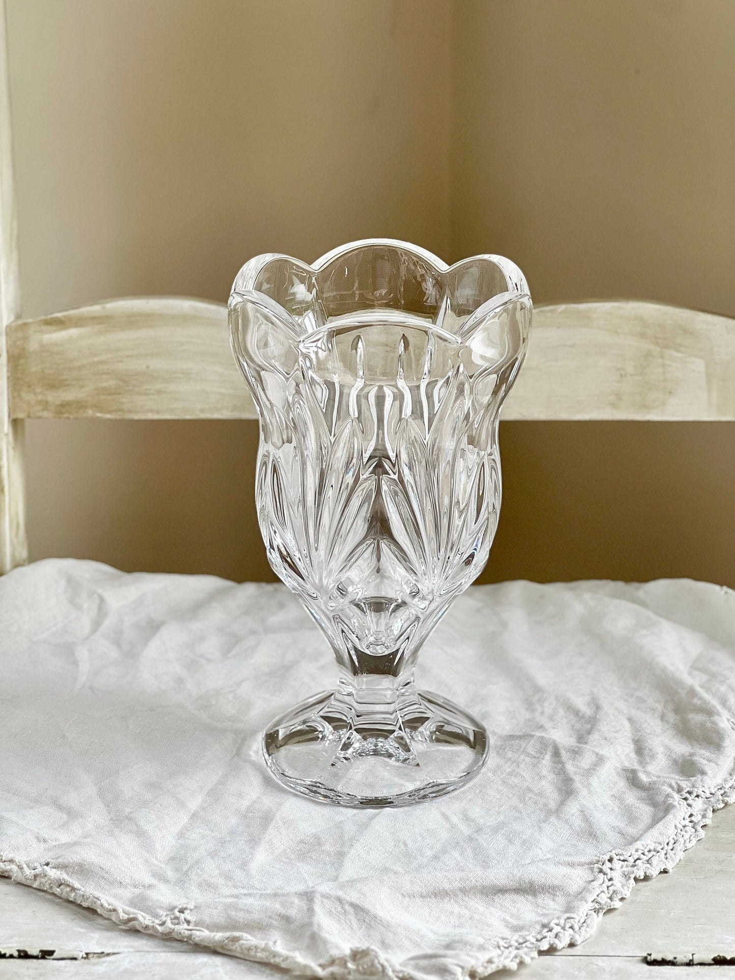 Beautiful Vintage Crystal Tulip Shaped Vase with Scalloped Edge, Heavy Crystal Footed Vase