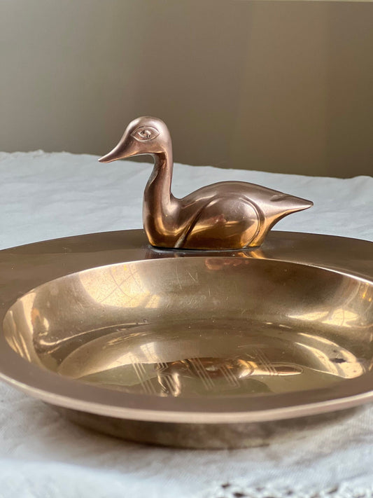 Vintage Brass Trinket Dish with Figural Duck Accent, Vintage Brass Pocket Change Dish, Brass Catchall