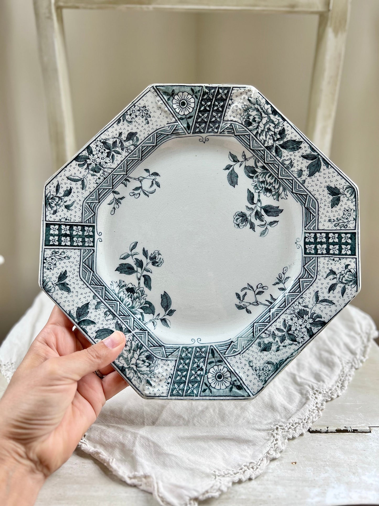 Antique C. Challinor & Co "Melbourne" Blue Gray Transferware Plate, 1800's Octagonal Shaped Aesthetic Movement Transferware Dish, England