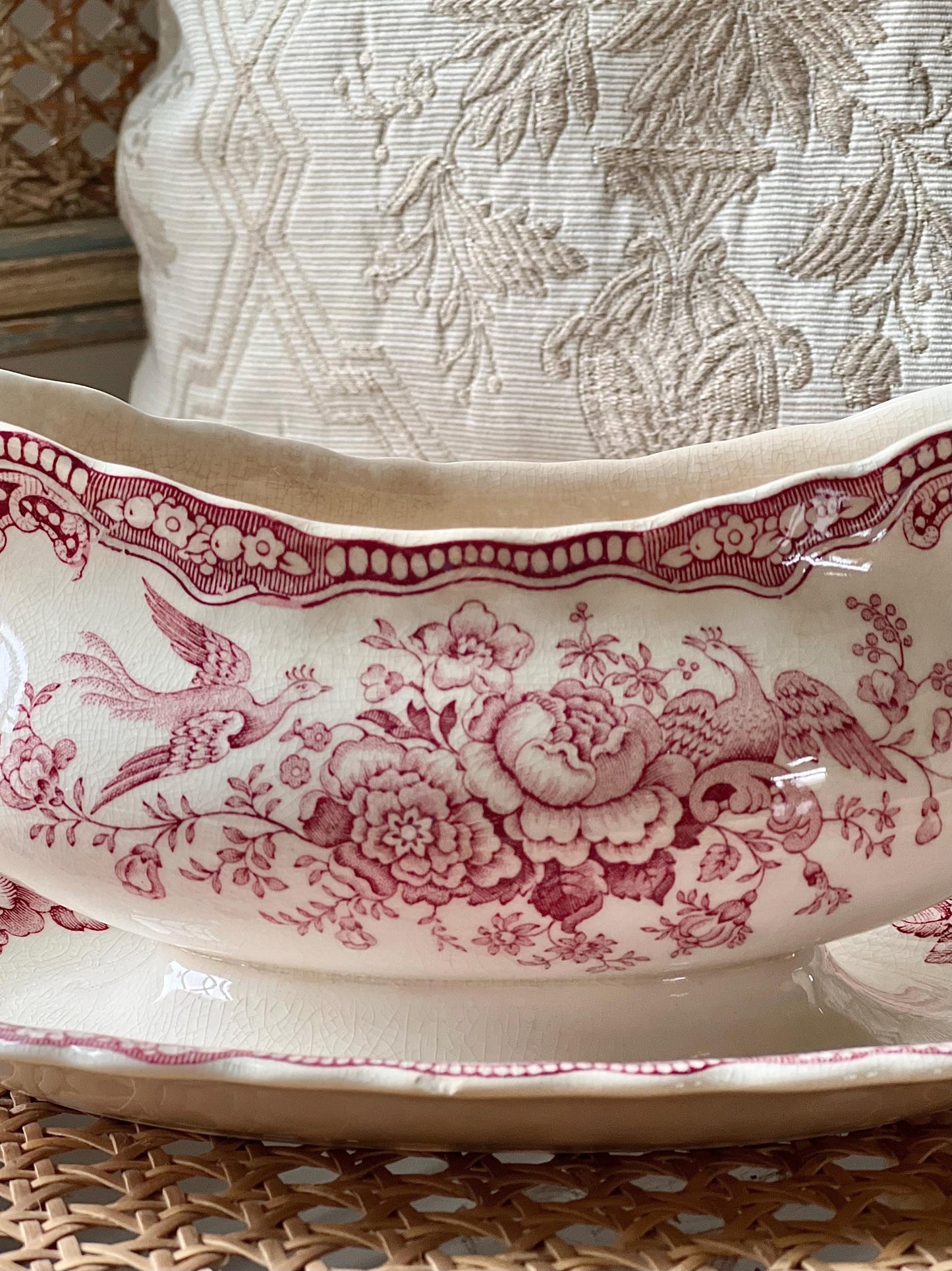 Vintage Crown Ducal Bristol Pink Red Transferware Gravy Boat with Attached Underplate, Distressed Vintage Ironstone Saucier, Made in England