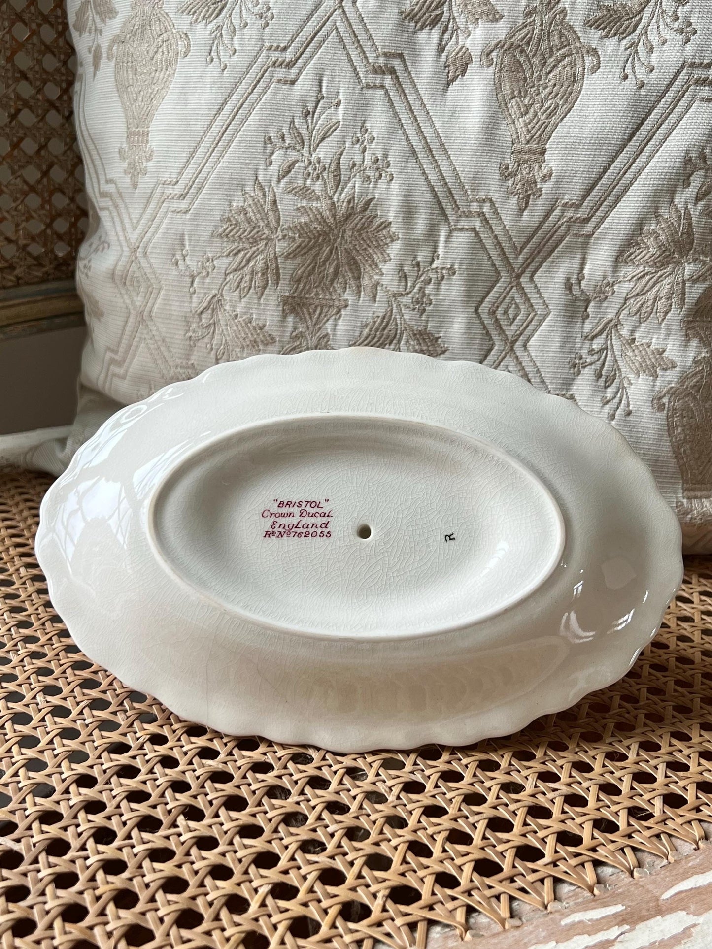 Vintage Crown Ducal Bristol Pink Red Transferware Gravy Boat with Attached Underplate, Distressed Vintage Ironstone Saucier, Made in England
