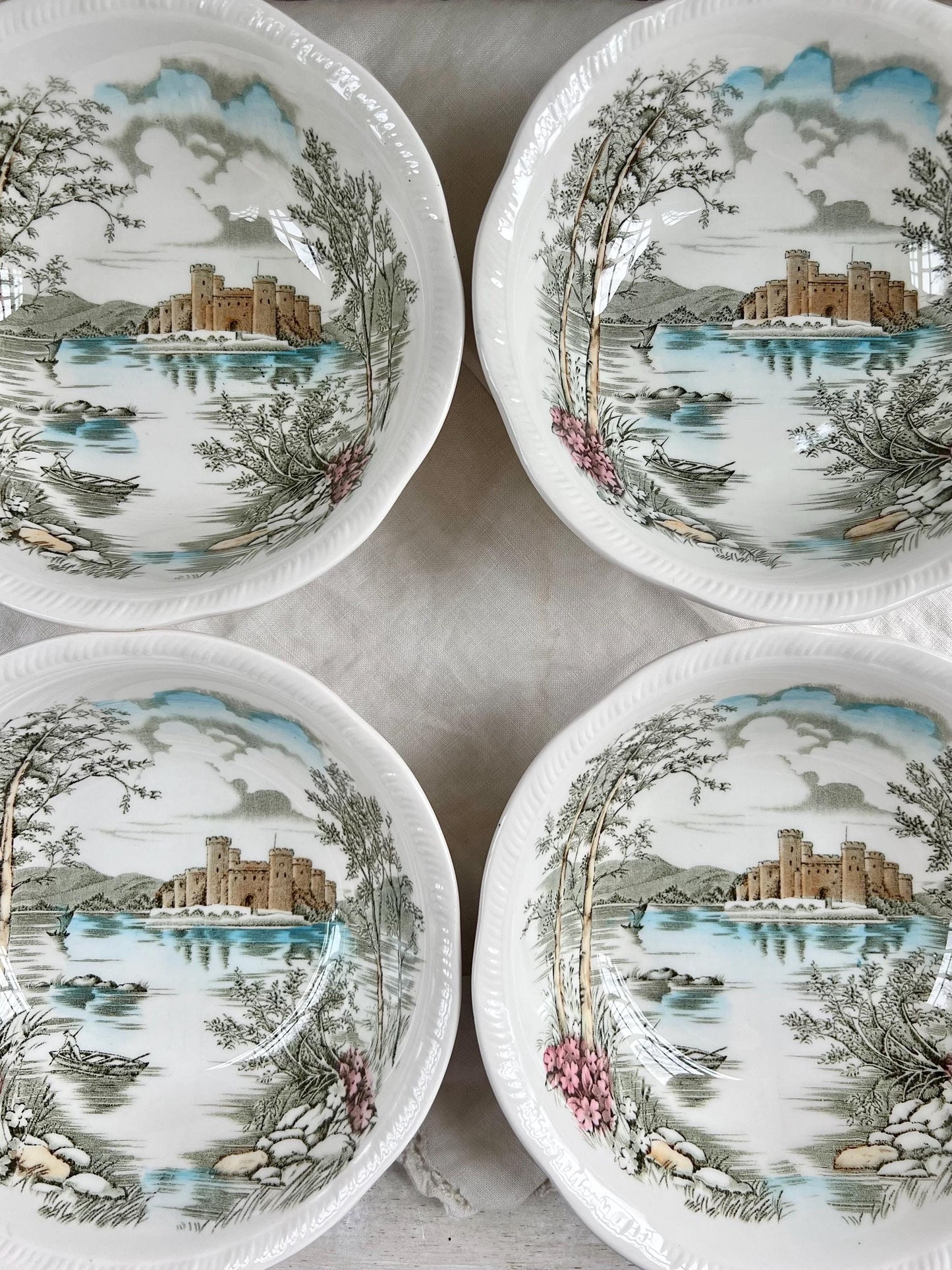 Set (4) Vintage Queen's Castle 6.5” Bowls by Alfred Meakin, England, Ironstone Transferware