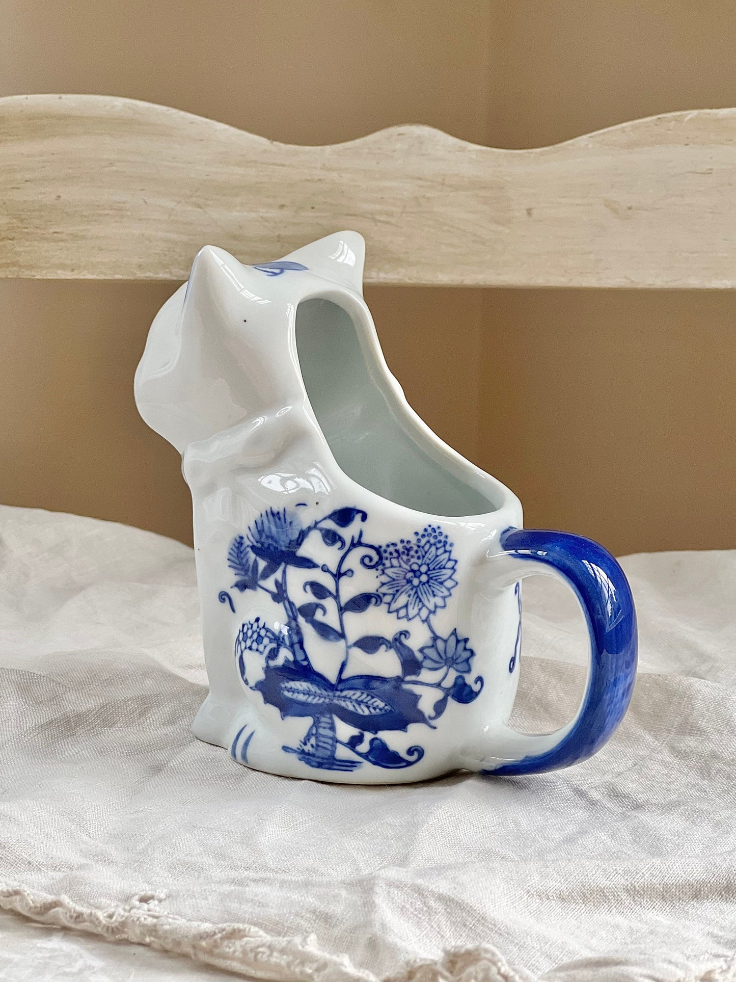 Vintage Blue & White Cat Shaped Porcelain Creamer