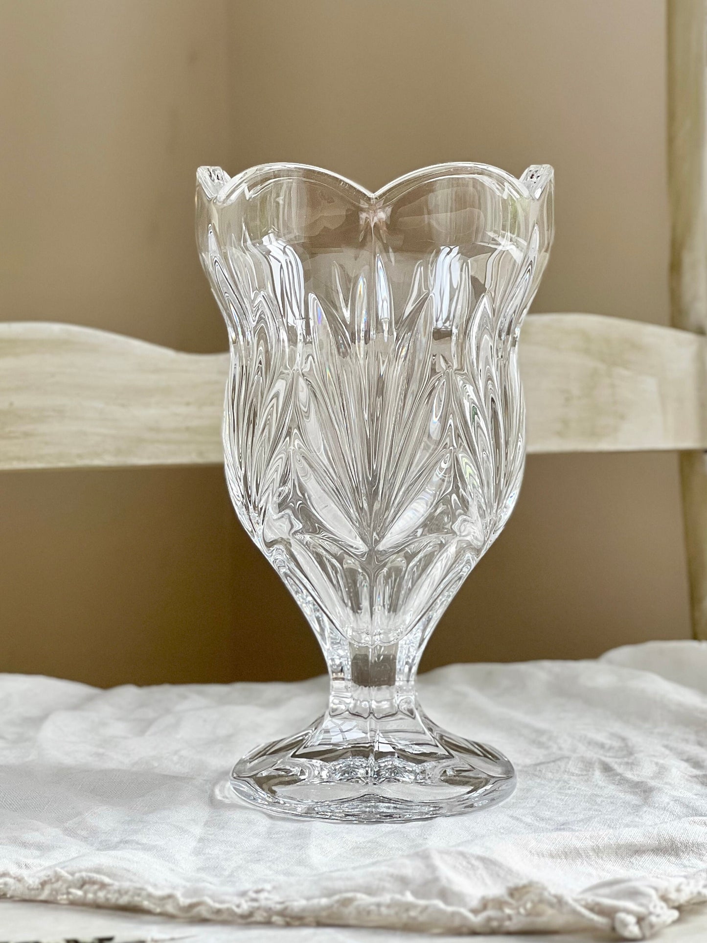 Beautiful Vintage Crystal Tulip Shaped Vase with Scalloped Edge, Heavy Crystal Footed Vase