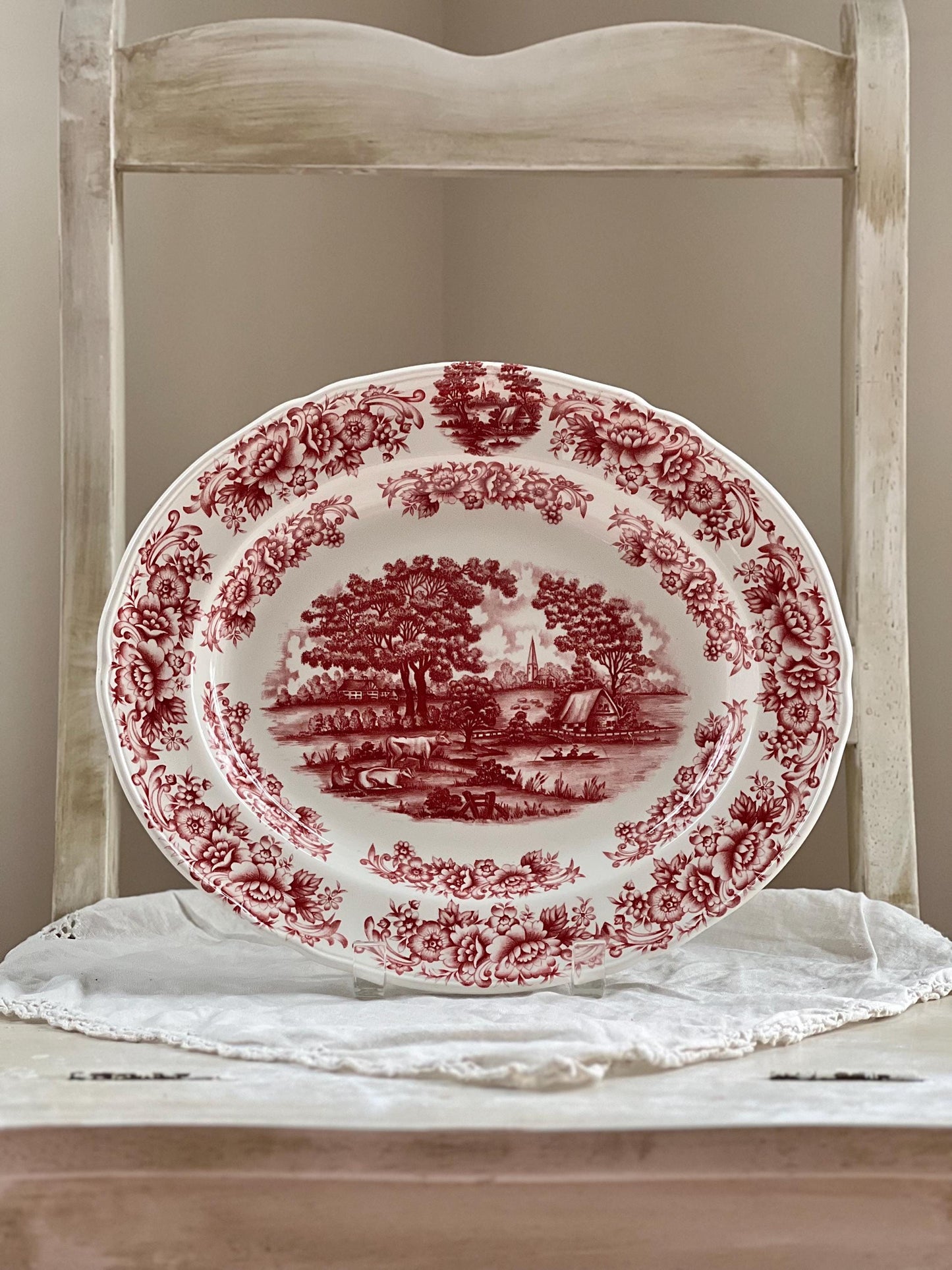 Beautiful Vintage Red Transferware Platter by Myott Meakin, Staffordshire England, Pastotal Scene with Cows, Ironstone Platter, 12 x 10