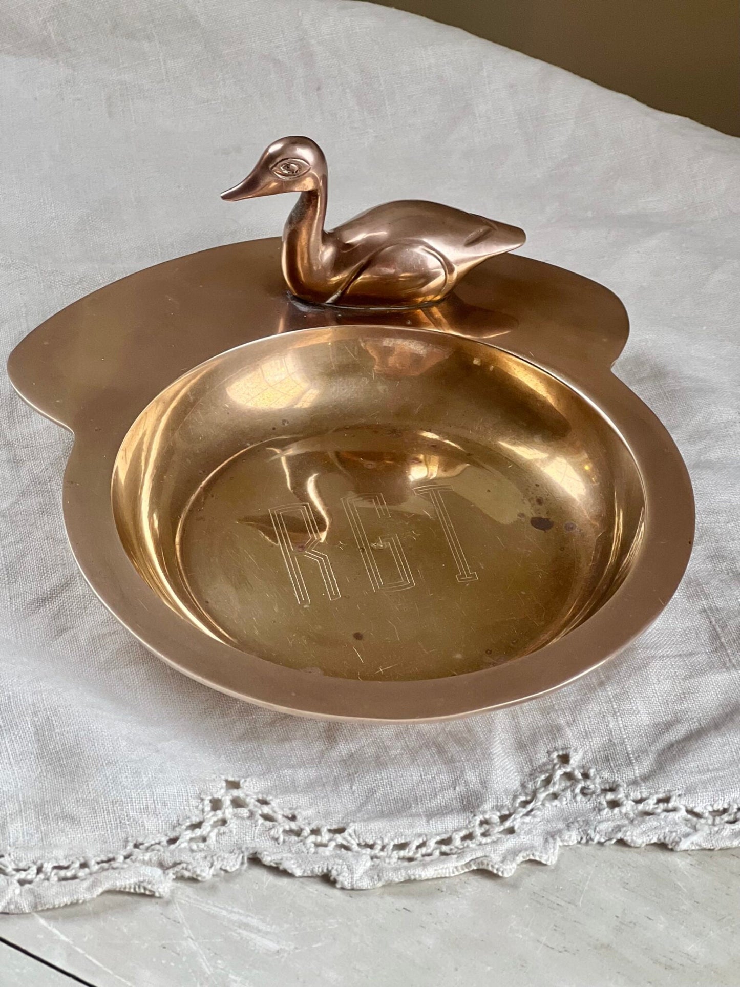 Vintage Brass Trinket Dish with Figural Duck Accent, Vintage Brass Pocket Change Dish, Brass Catchall