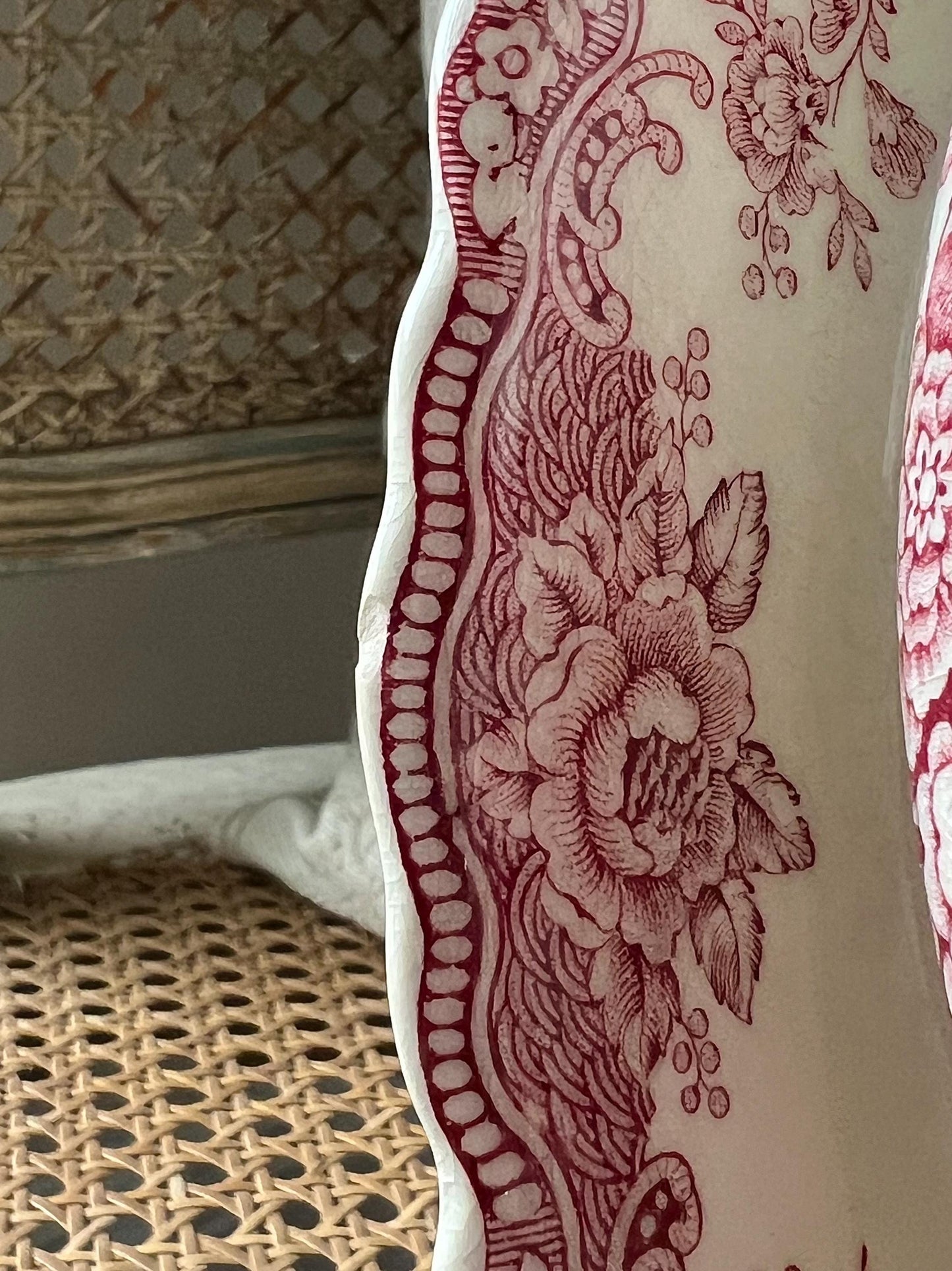 Vintage Crown Ducal Bristol Pink Red Transferware Gravy Boat with Attached Underplate, Distressed Vintage Ironstone Saucier, Made in England