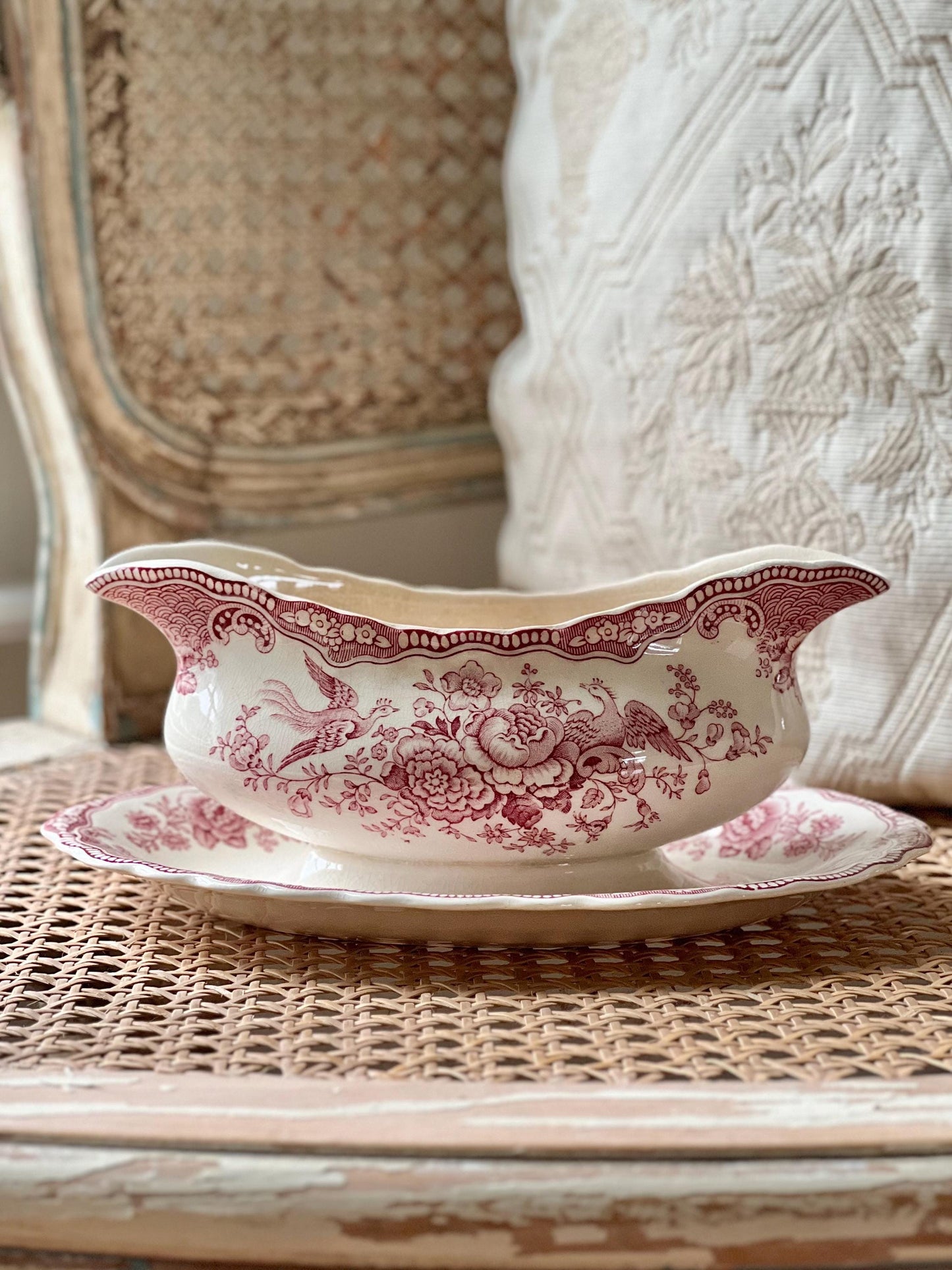 Vintage Crown Ducal Bristol Pink Red Transferware Gravy Boat with Attached Underplate, Distressed Vintage Ironstone Saucier, Made in England