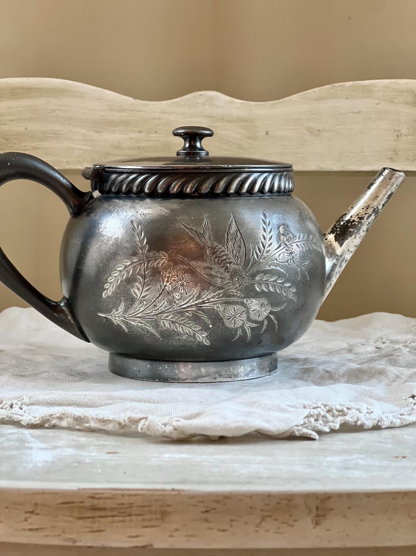 Antique Victorian Silver Plate Teapot by Middletown Plate Co. with Hinged Lid & Beautiful Bird and Foliage Engraving