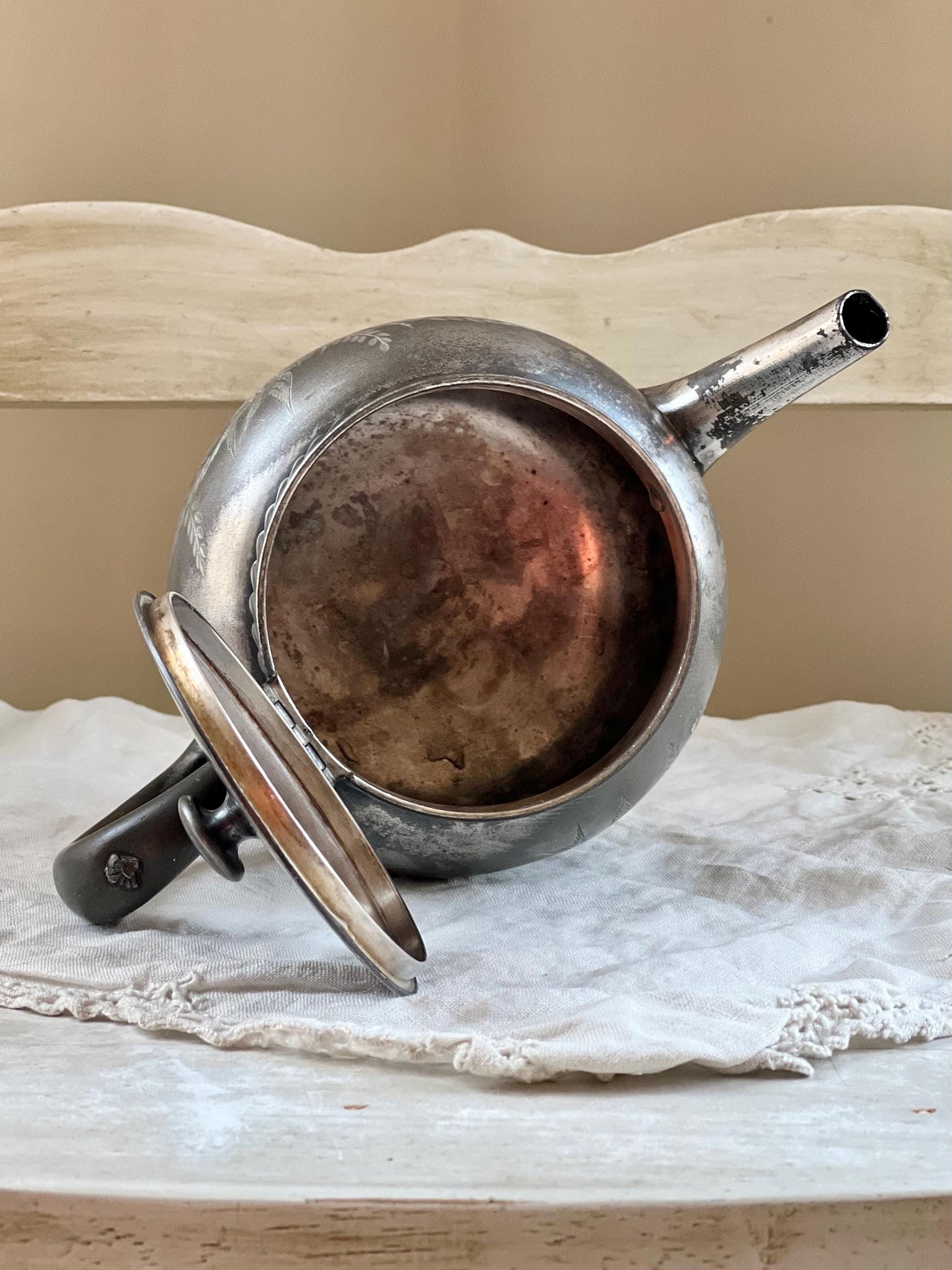 Antique Victorian Silver Plate Teapot by Middletown Plate Co. with Hinged Lid & Beautiful Bird and Foliage Engraving