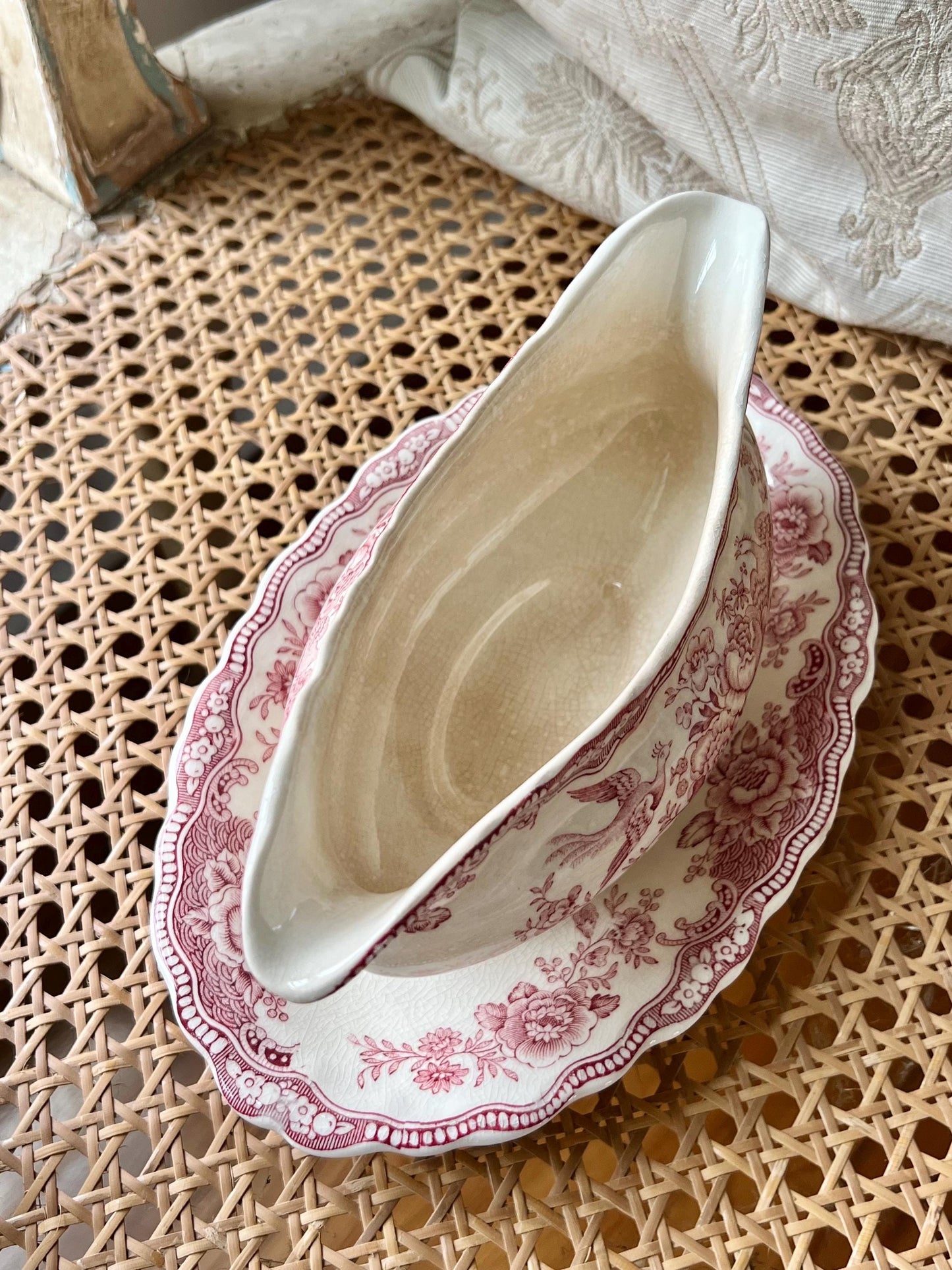 Vintage Crown Ducal Bristol Pink Red Transferware Gravy Boat with Attached Underplate, Distressed Vintage Ironstone Saucier, Made in England