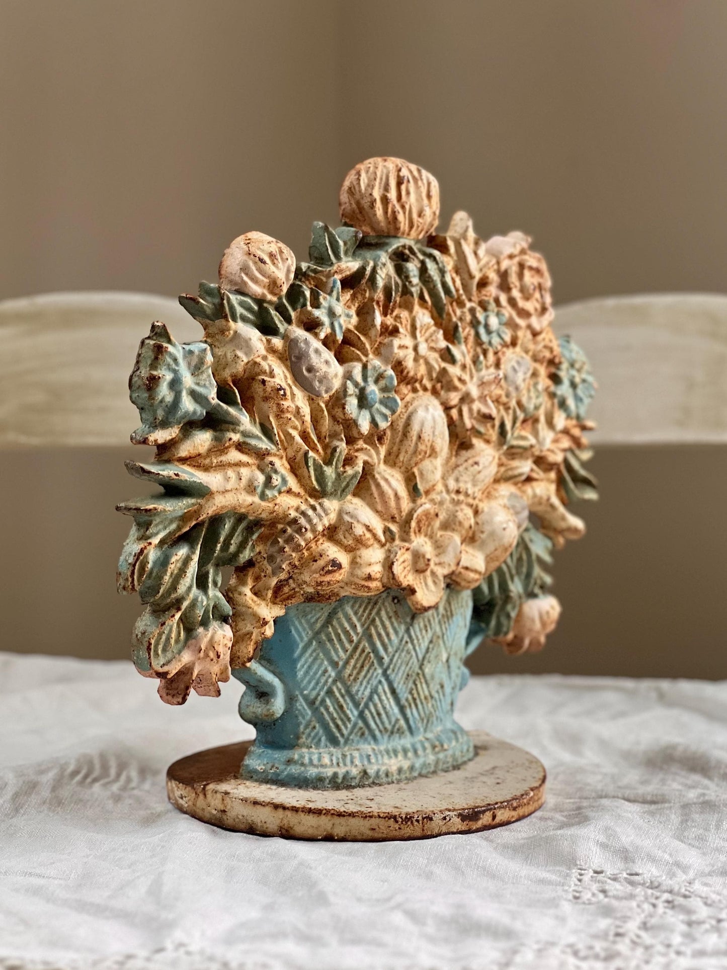 Beautiful Vintage or Antique Cast Iron Flower Bouquet Doorstop with Rustic Patina