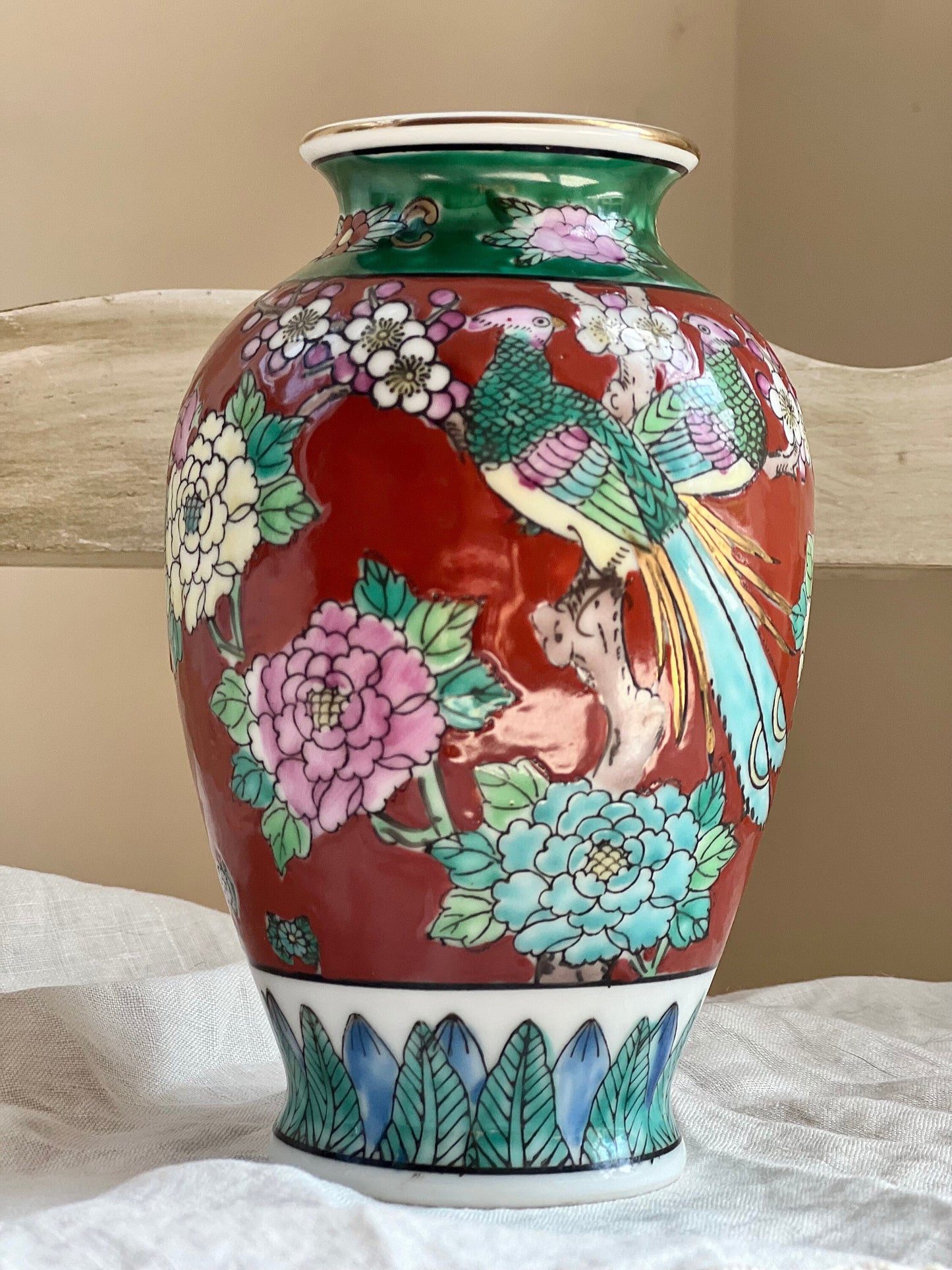 Beautiful Vintage Japanese Porcelain Hand Painted Vase with Birds & Flowers, 6" tall
