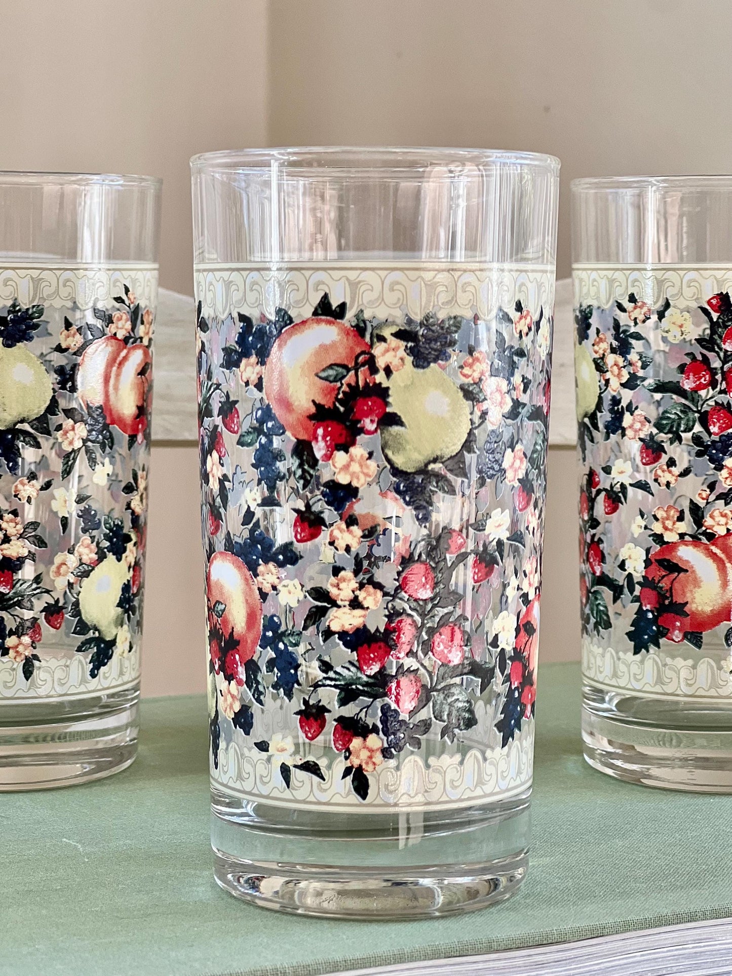 Vintage Set (4) Avon Sweet Country Harvest Tumblers, 12 oz Drinking Glasses with Fruit & Flowers